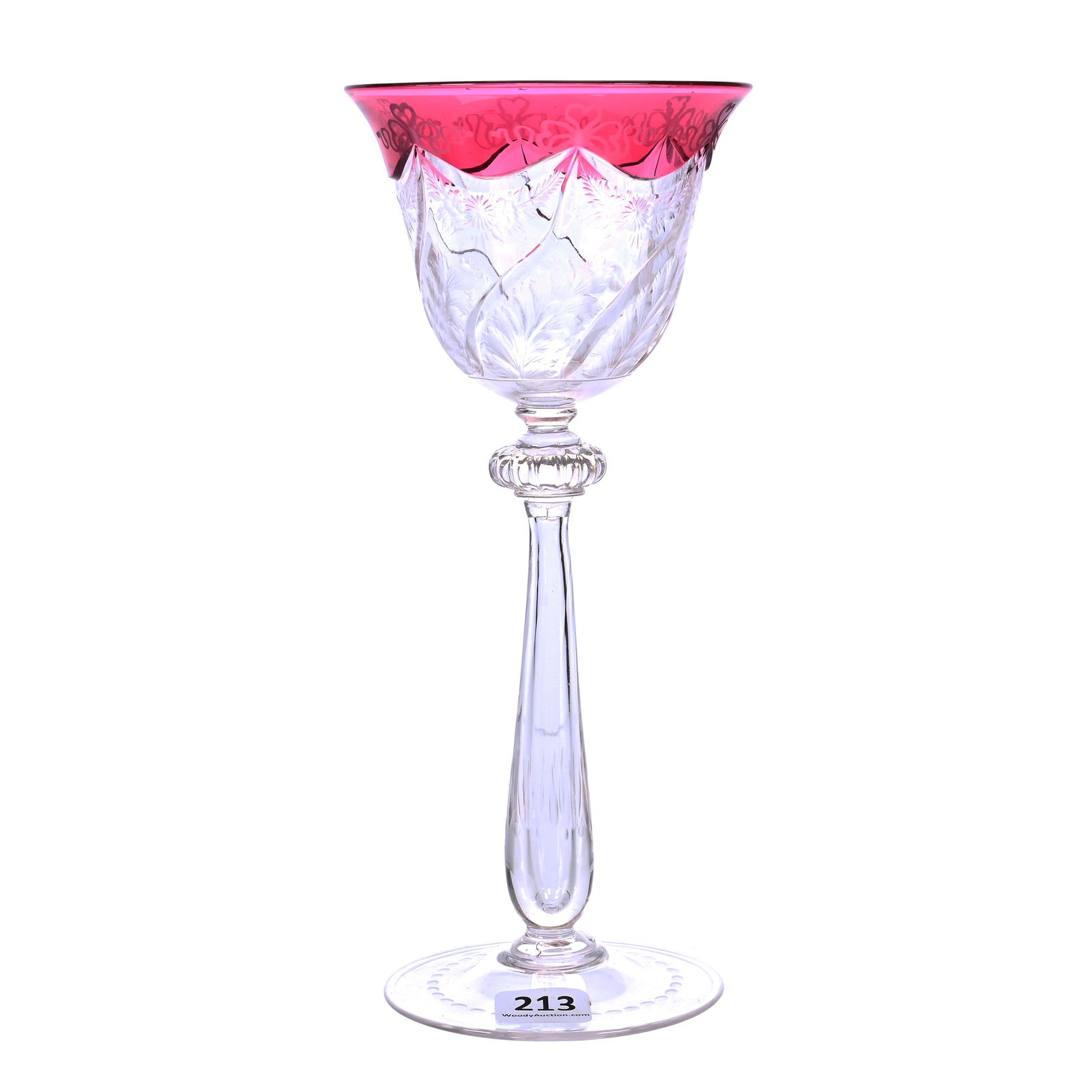 Wine Stem, Cut Glass, Signed Steuben Cranberry Cut To Clear, Engraved Garland, Bowtie & Leaf Design: Wine Stem, American Brilliant Cut Glass, Signed Steuben Cranberry Cut To Clear, Engraved Garland, Bowtie & Leaf Design, 8.5" x 3.75", Nice Quality, Collection Of The Late Richard Byrne, New York.