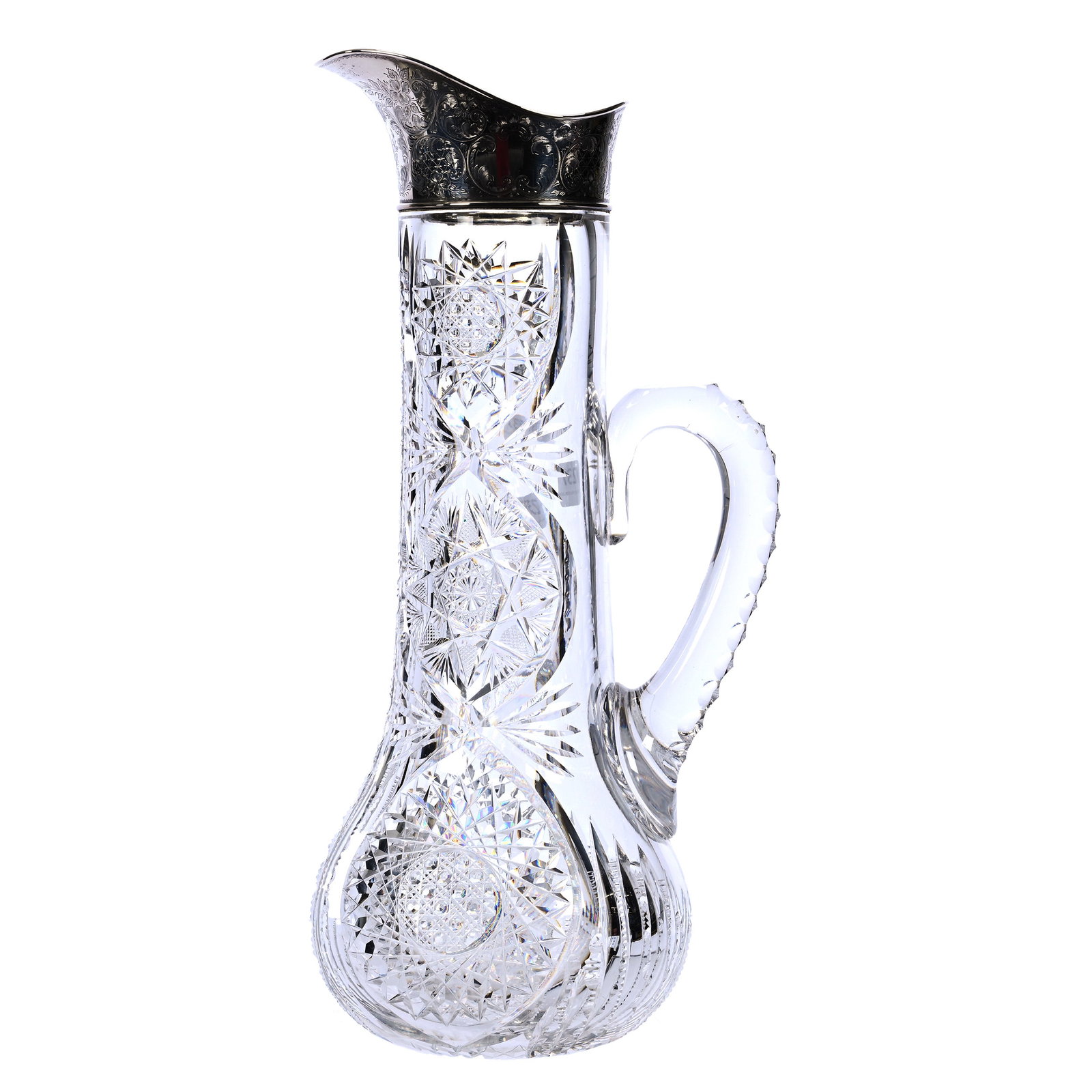 Tankard, Cut Glass, Flashed Hobstar, Hobstar W/Cane Centers, Vesica, Prism & Fan Highlights: Tankard, American Brilliant Cut Glass, Flashed Hobstar, Hobstar W/Cane Centers, Vesica, Prism & Fan Highlights, 15" x 7", Triple Notched Handle, Hobstar Base, Tankard By Meriden With Beautiful Engrave