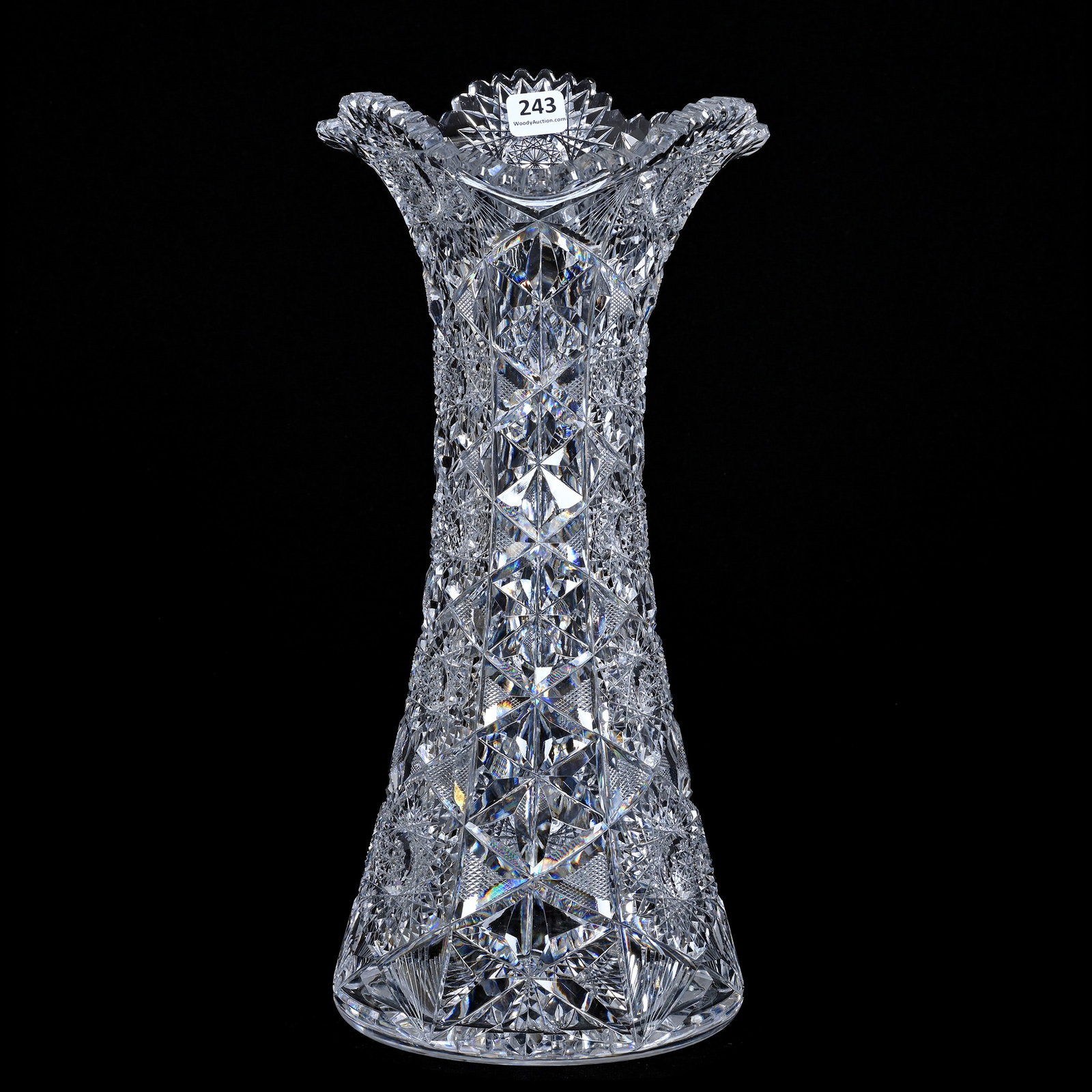 Vase, Cut Glass, Three Alternating Panels Of Hobstar, Strawberry Diamond & Miters: Vase, American Brilliant Cut Glass, Three Alternating Panels Of Hobstar, Strawberry Diamond & Miters, 14" x 6.5", Tri-Corner Top, Hobstar Base, Beautiful Quality, Collection Of The Late Richard Byrne,