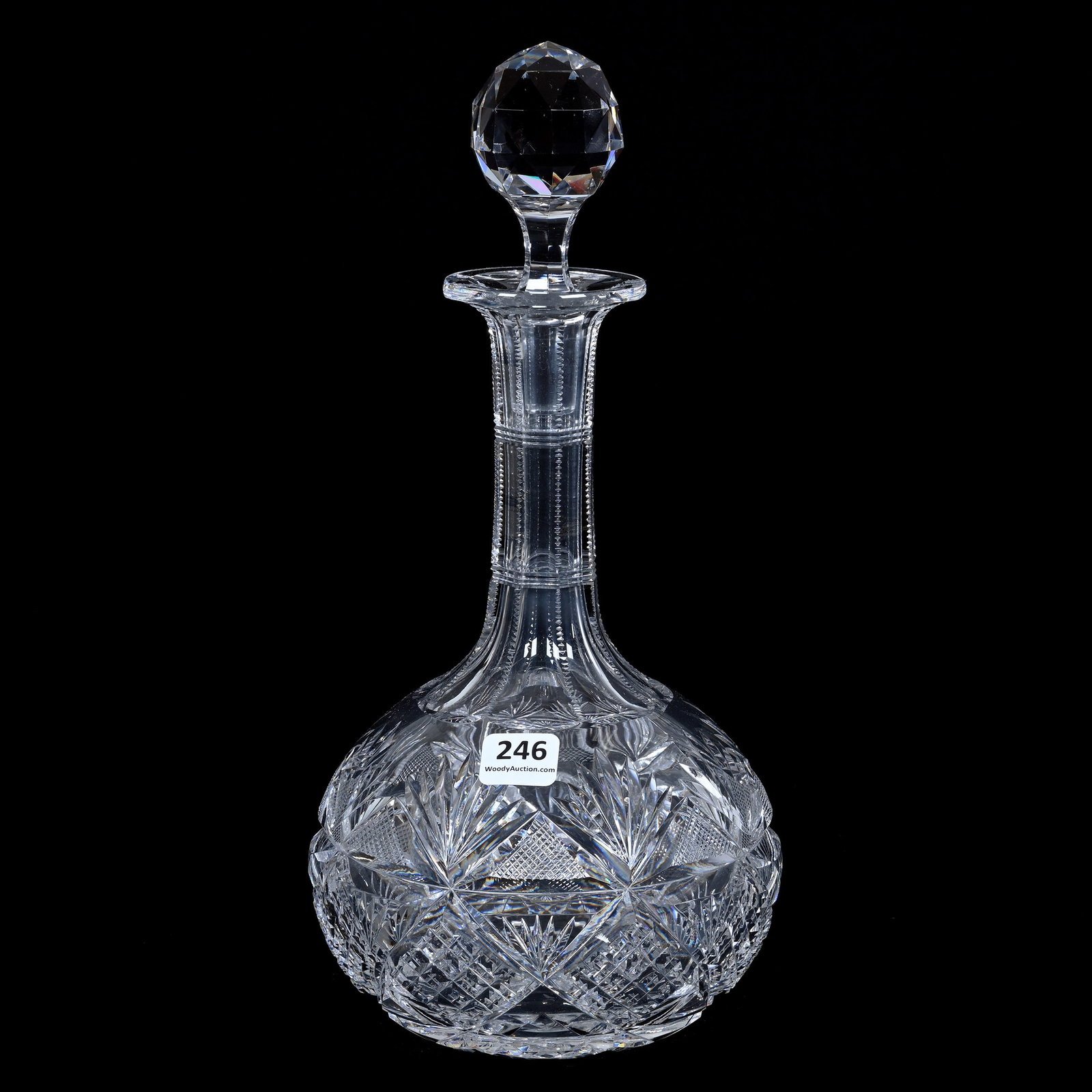 Decanter, Cut Glass, Well Cut Crosscut Diamond, Strawberry Diamond, Clear Diamond And Fan Motif: Decanter, American Brilliant Cut Glass, Well Cut Crosscut Diamond, Strawberry Diamond, Clear Diamond And Fan Motif, 11.5" x 5.75", Hobstar Base, Collection Of The Late Richard Byrne, New York.