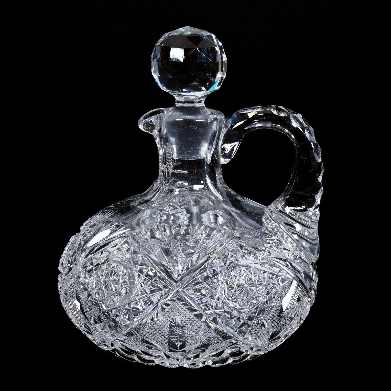 Ship's Decanter, Cut Glass, Lotus Pattern By Egginton, Ray Cut Base, Triple Notched Handle (1 of 3)