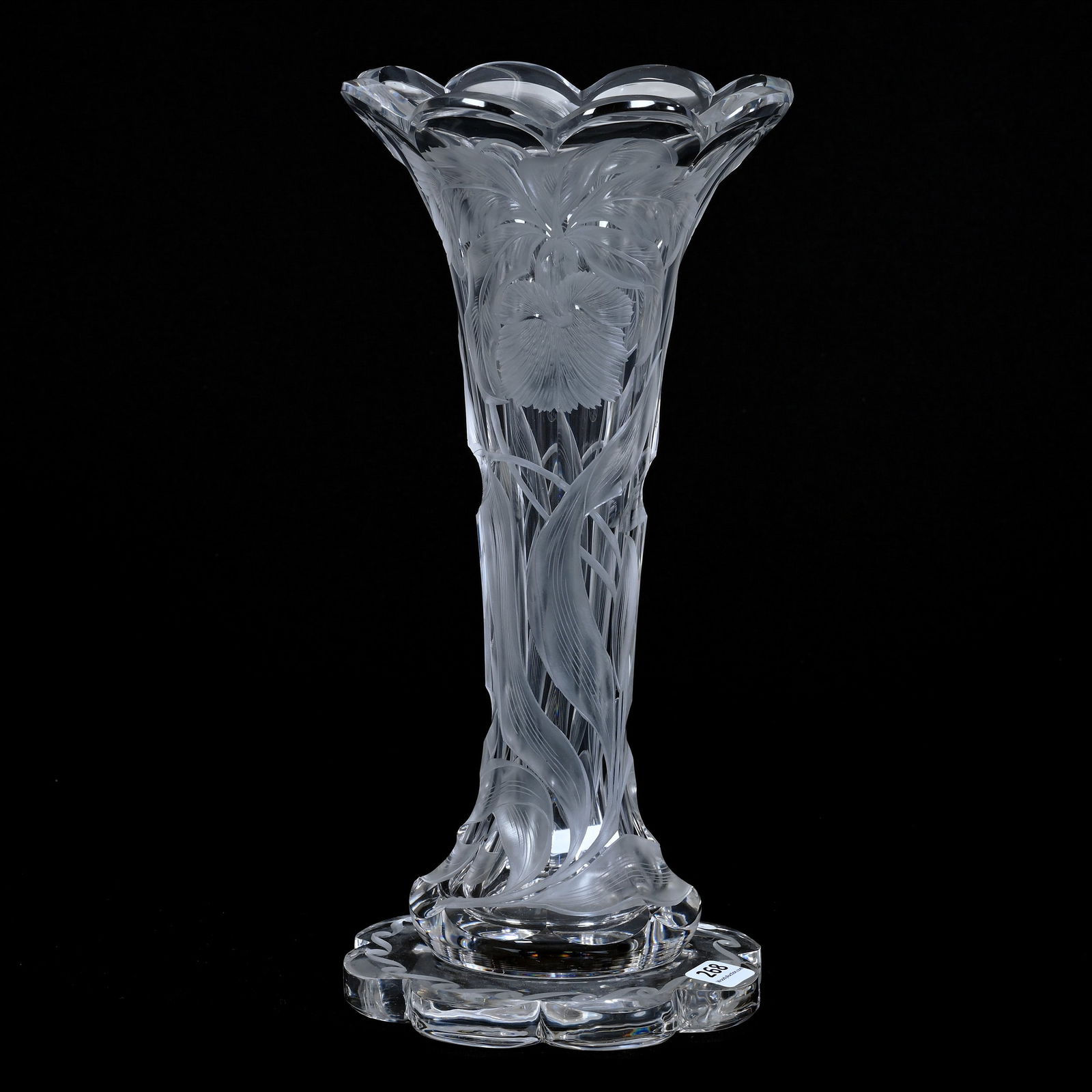 Trumpet Vase, Cut Glass, Signed Libbey, Deeply Engraved Orchid Decor, Huge Scalloped Foot (1 of 3)