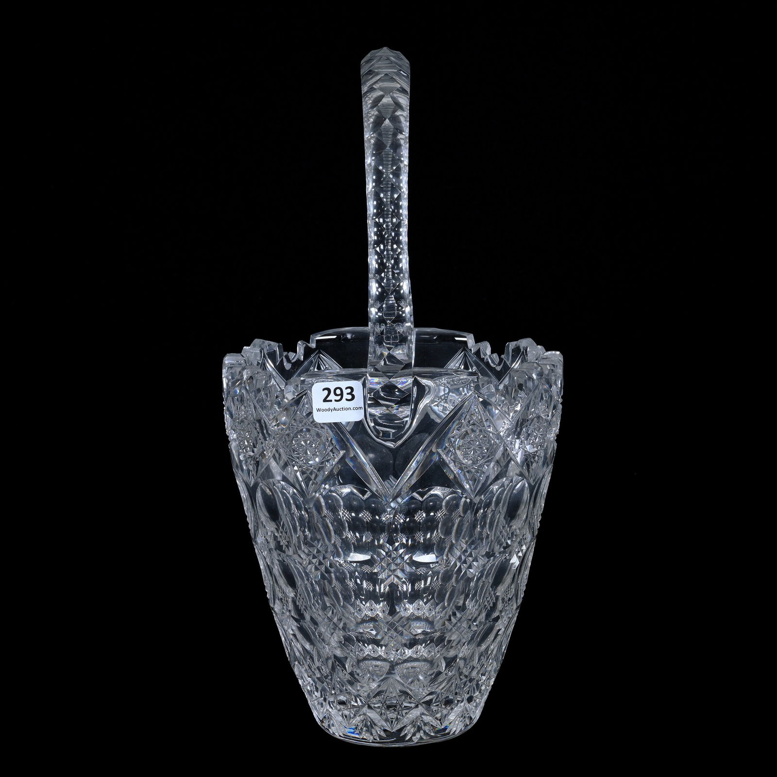 Basket, Cut Glass, Signed Sinclaire Bengal Pattern, Triple Notched Handle, Hobstar Base (1 of 3)