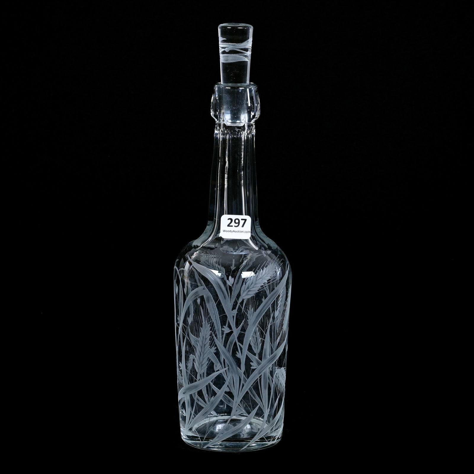 Whiskey Bottle, Cut Glass, Signed J. Hoare Engraved Wheat Pattern, Pattern Engraved Stopper (1 of 3)