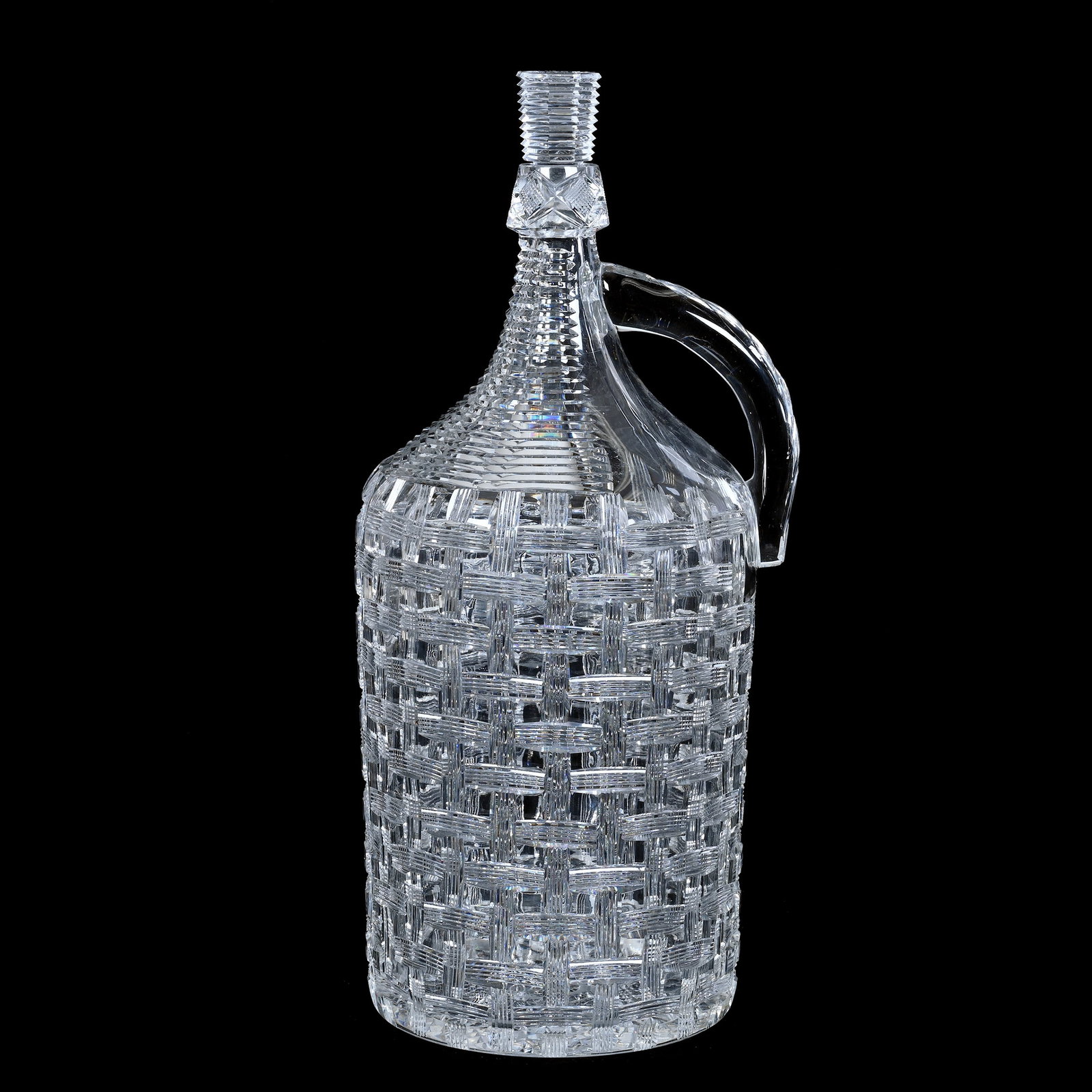Oversized Demi John Jug, Cut Glass, Exquisite Basket Weave Pattern With Step Cut Neck: Oversized Demi John Jug, American Brilliant Cut Glass, Exquisite Basket Weave Pattern With Step Cut Neck, 16" x 7", Spiral Tusk Cut Handle, Hobstar Base, Sherry and The Late Elton Linville Collection,