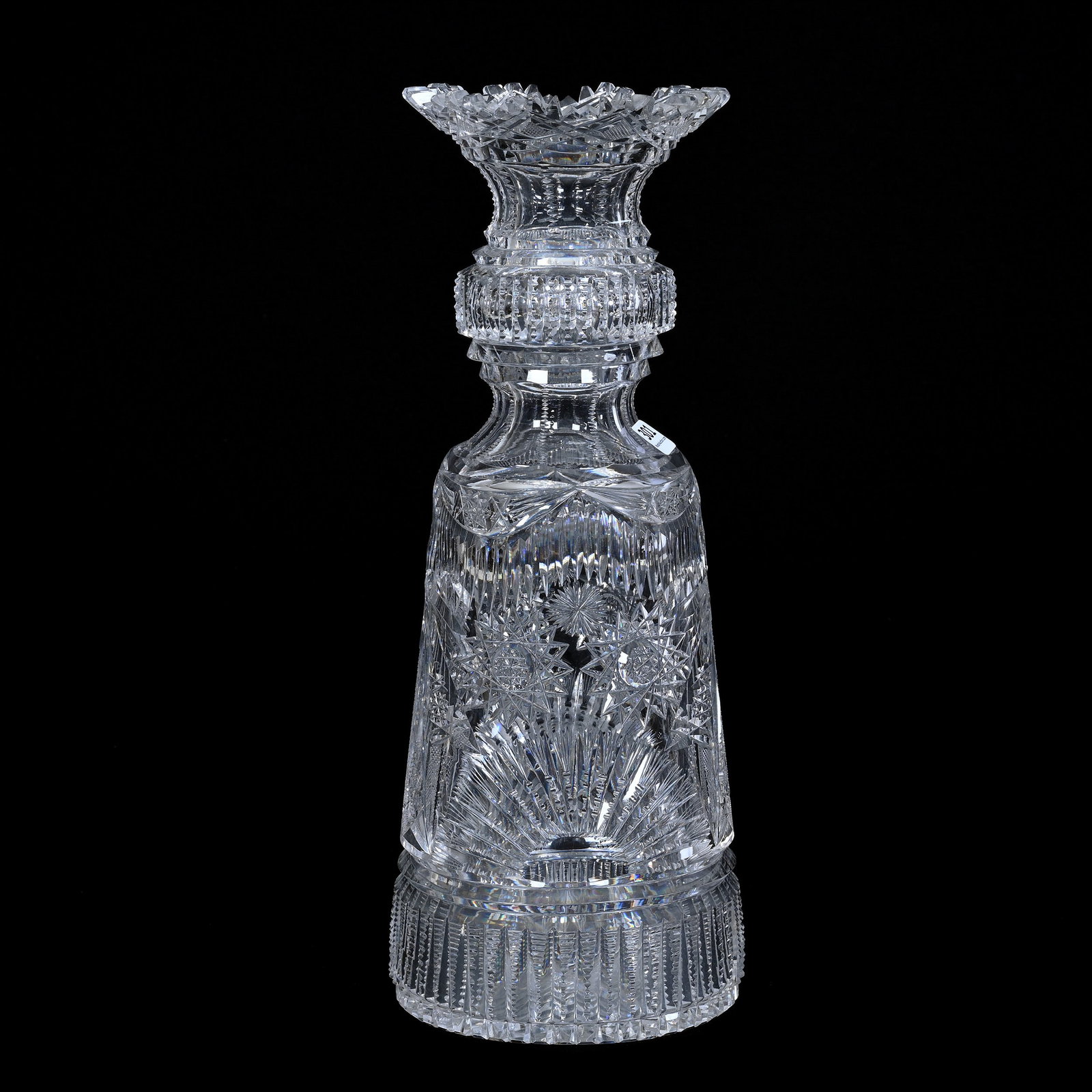 Vase, Cut Glass, Great Form, Featuring Hobstar, Strawberry Diamond, Cane, Fan, Miter, And Prism: Vase, American Brilliant Cut Glass, Great Form, Featuring Hobstar, Strawberry Diamond, Cane, Fan, Miter, And Prism Motif, 14" x 5.5", Pattern Cut Rim, Hobstar Base, Sherry and The Late Elton Linville 