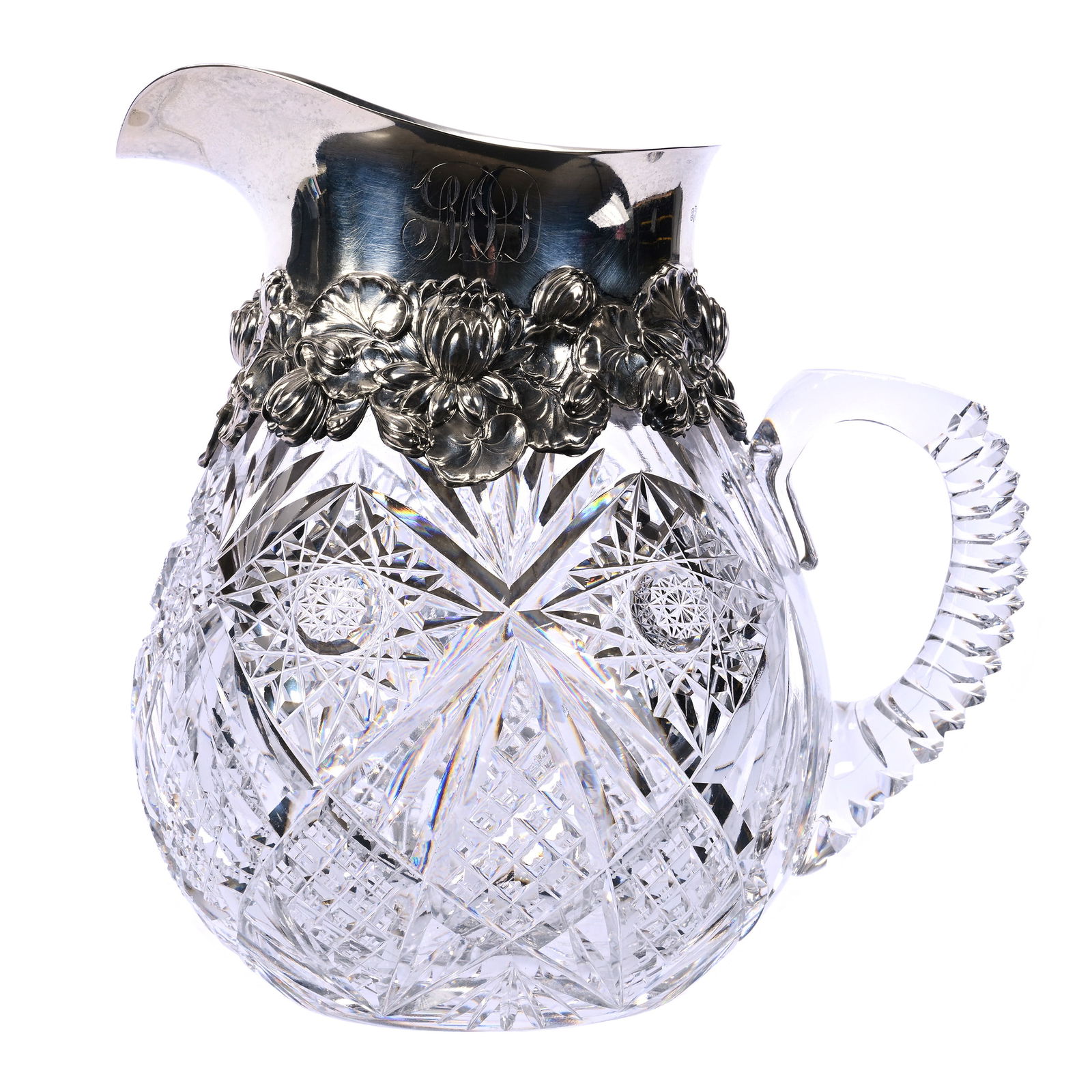 Pitcher, Cut Glass, Hobstar, Crosscut Diamond & Fan Motif, Elaborate Sterling Spout Marked Gorham: Pitcher, American Brilliant Cut Glass, Hobstar, Crosscut Diamond & Fan Motif, Elaborate Sterling Spout Marked Gorham #S3175, 8" x 7.5", Sterling Features Embossed Waterlily Design, Pitcher With Notche
