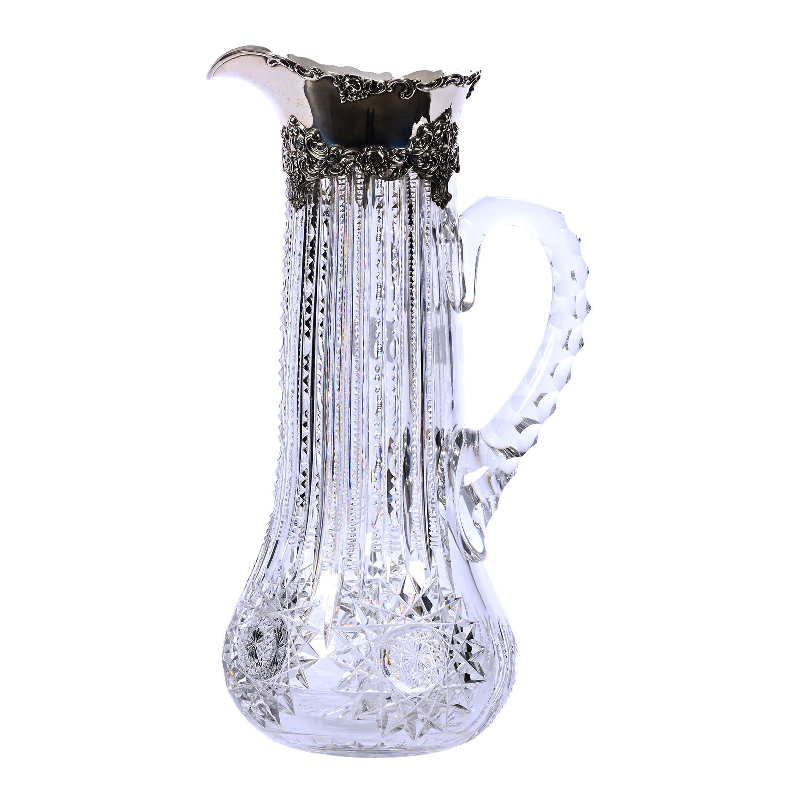 Tankard, Cut Glass, Prism Cut Body With Large Hobstar Highlights, Nice Sterling Spout Marked Gorham: Tankard, American Brilliant Cut Glass, Prism Cut Body With Large Hobstar Highlights, Nice Sterling Spout Marked Gorham #D231, 11.25" x 6.25", Triple Notched Handle, Ray Cut Base, Collection Of The Lat