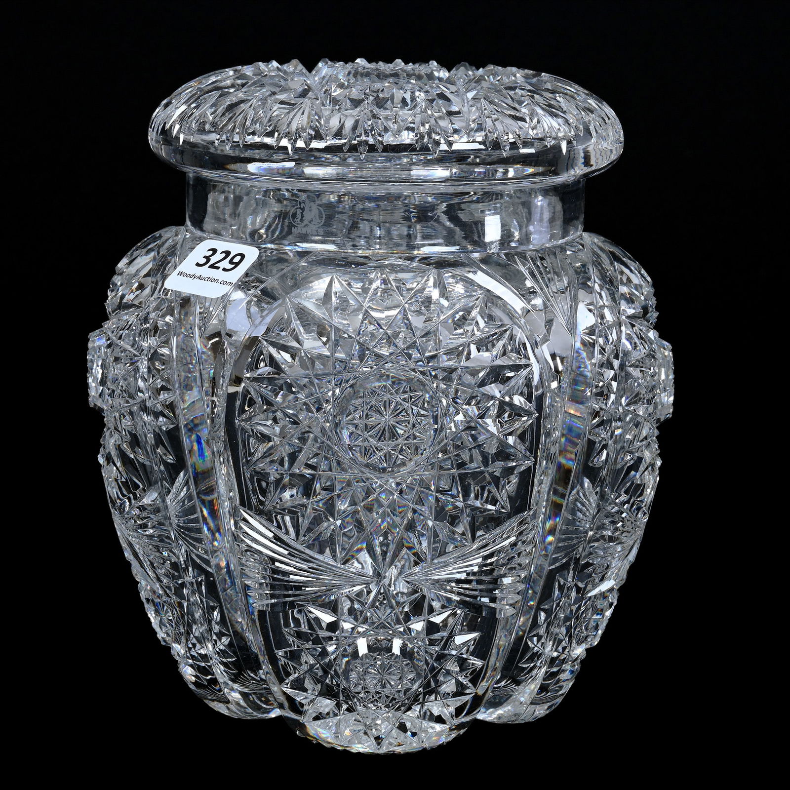 Covered Jar, Cut Glass, Signed Hawkes Victoria Pattern, Rare Blown Mold, Hobstar Lid, Great Example (1 of 3)