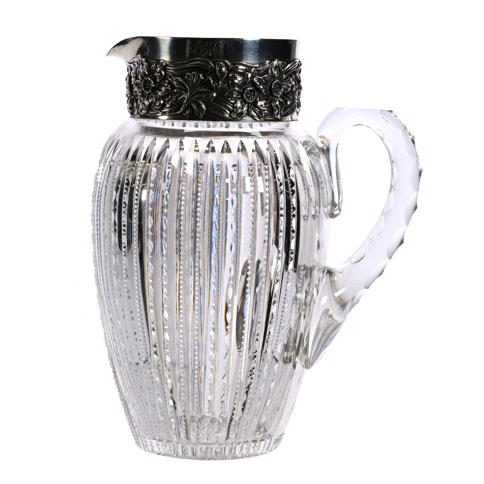 Pitcher, Cut Glass, Prism Cut Body, Sterling Spout With Embossed Daffodil Design Marked Schiebler (1 of 5)