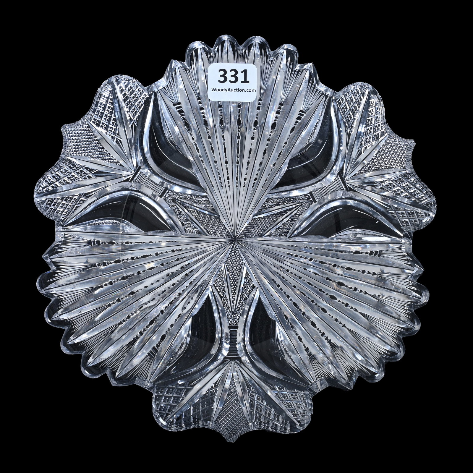 Plate, Cut Glass, Three Sections Of Prism, Strawberry Diamond, Crosscut Diamond, And Tusk Motif: Plate, American Brilliant Cut Glass, Three Sections Of Prism, Strawberry Diamond, Crosscut Diamond, And Tusk Motif, 7.25", Hard To Find Pattern, Sherry and The Late Elton Linville Collection, Indiana.