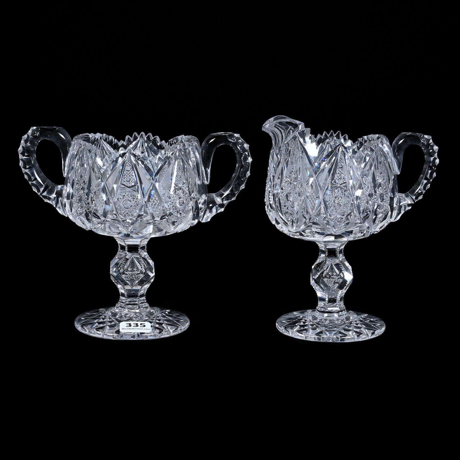 Pedestal Creamer & Sugar, Cut Glass, Hobstar, Cane, Vesica, Strawberry Diamond & Nailhead Diamond (1 of 3)