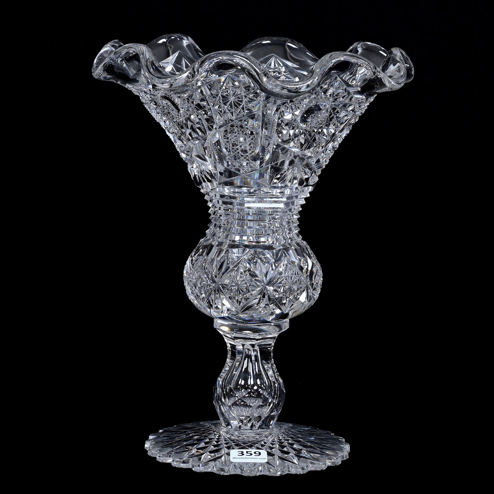 Pedestal Vase, Cut Glass, Hobstar, Cane, Strawberry Diamond, Prism And Fan Motif, Ruffled Rim: Pedestal Vase, American Brilliant Cut Glass, Hobstar, Cane, Strawberry Diamond, Prism And Fan Motif, Ruffled Rim, 10" x 7.75", Teardrop Stem, Scalloped Hobstar Foot, Extra Clear Blank, Exactly As Feat