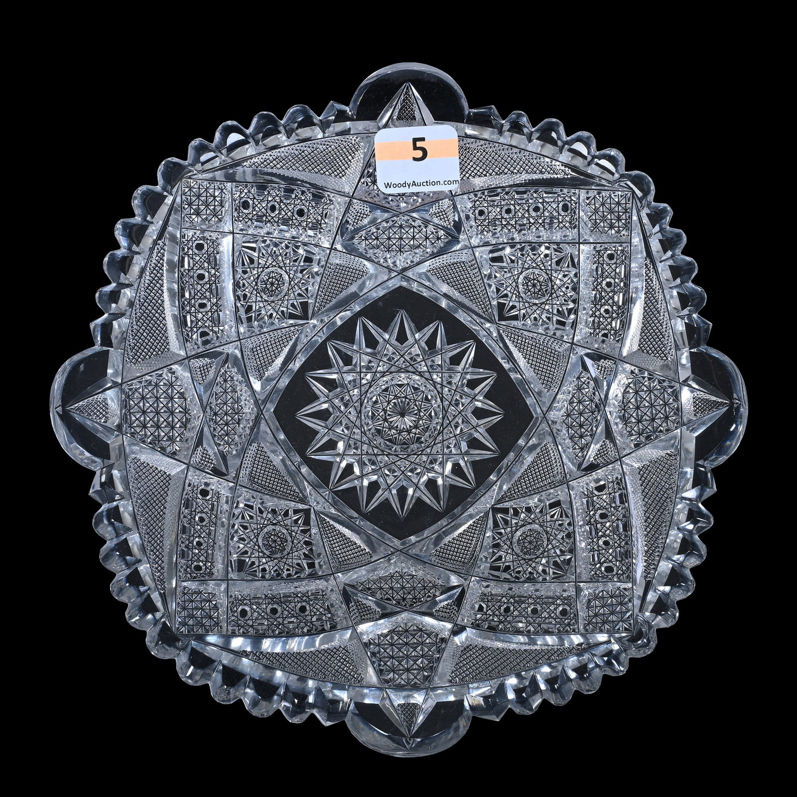 Plate, ABCG, Well Cut Hobstar, Cane, Strawberry Diamond With Clear Blank!: Plate, American Brilliant Cut Glass, Well Cut Hobstar, Cane, Strawberry Diamond With Clear Blank!, 7.25", Collection Of Sherry & The Late Elton Linville, IN.