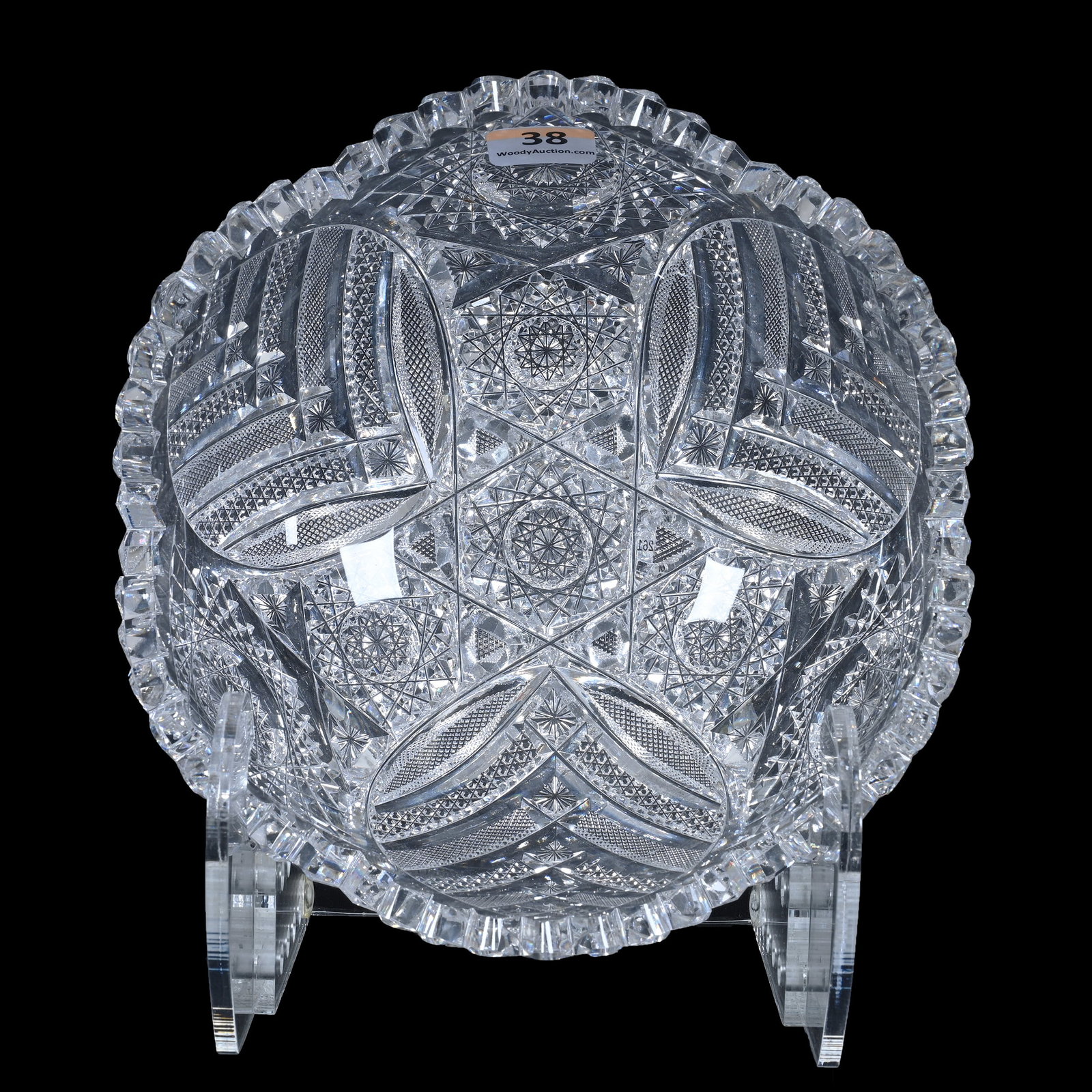 Bowl, ABCG, Very Well Cut In Hobstar, Geometric Herringbone - Extra Clear Blank: Bowl, American Brilliant Cut Glass, Very Well Cut In Hobstar, Geometric Herringbone - Extra Clear Blank, 3" x 7", Collection Of Sherry & The Late Elton Linville, IN.