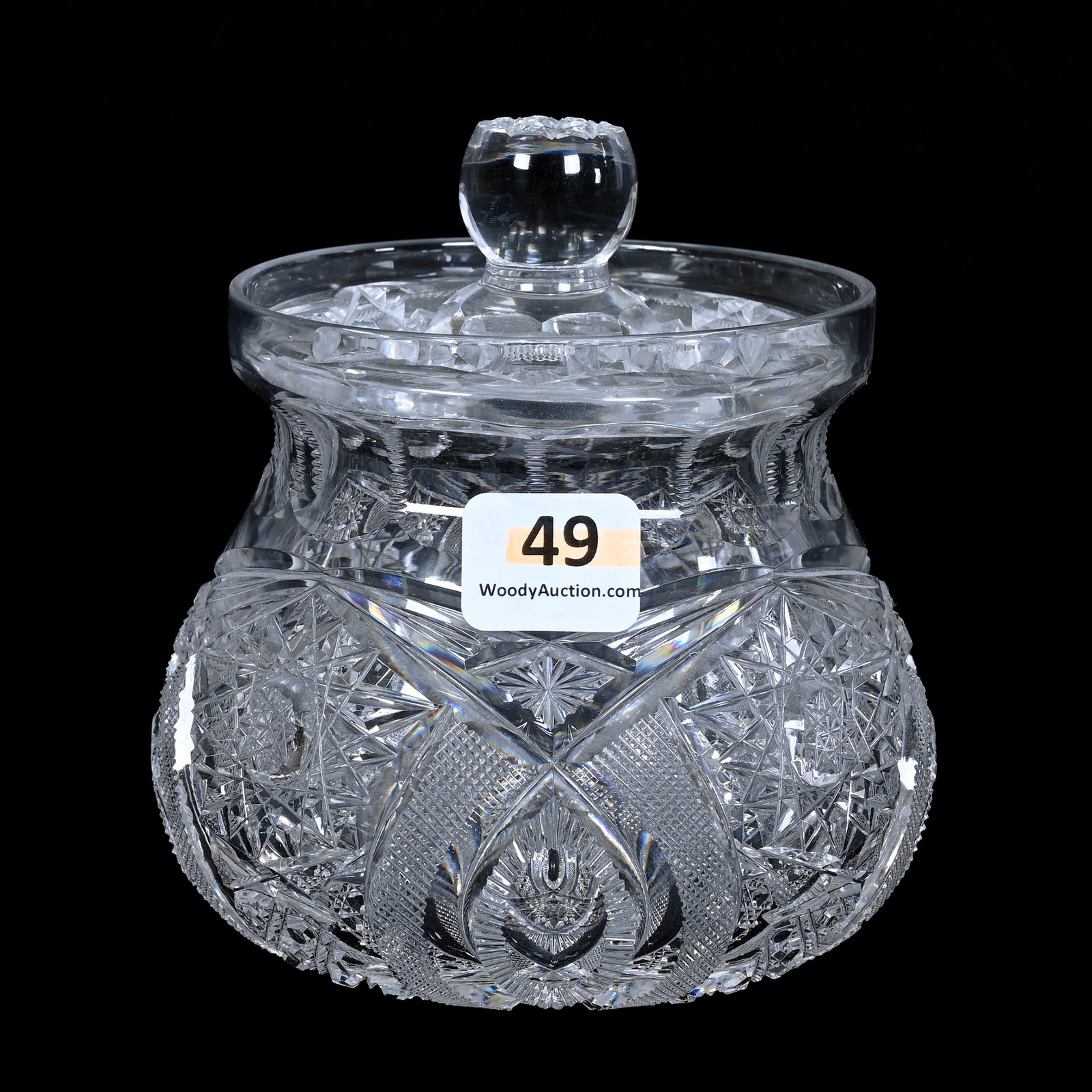 Covered Jar, ABCG, Hobstar, Vesica, Strawberry Diamond, Cane & Star Motif: Covered Jar, American Brilliant Cut Glass, Hobstar, Vesica, Strawberry Diamond, Cane & Star Motif, 4.5" x 4", Pattern Cut Lid - Nice Quality, Collection Of Sherry & The Late Elton Linville, IN.