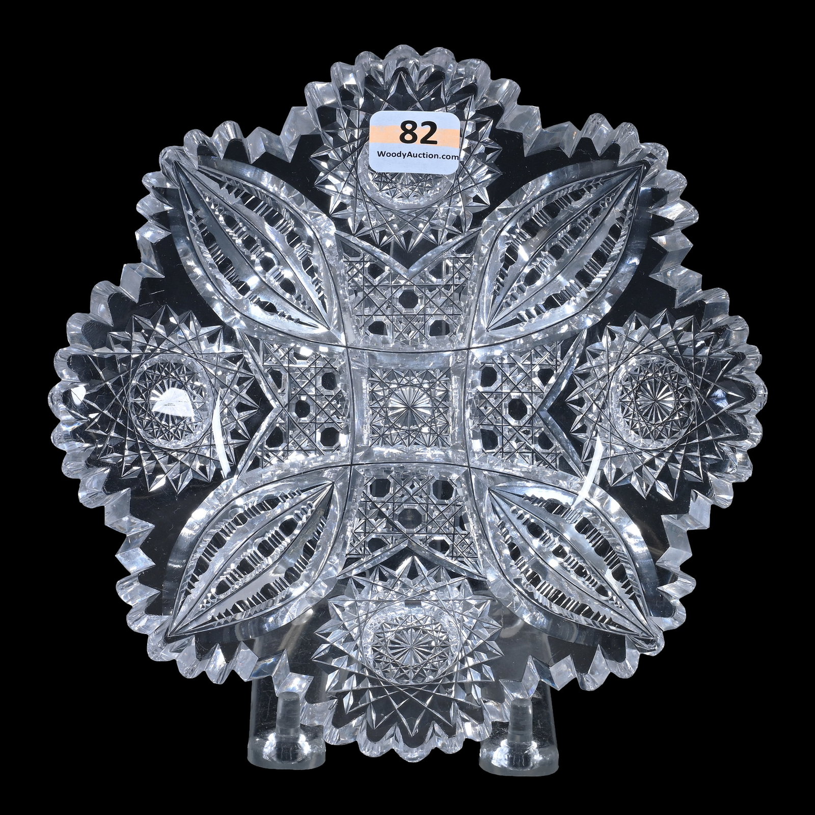 Plate, ABCG, Four Sections Of Hobstar, Vesica, Cane And Prism Motif: Plate, American Brilliant Cut Glass, Four Sections Of Hobstar, Vesica, Cane And Prism Motif, 7", Collection Of Sherry & The Late Elton Linville, IN.