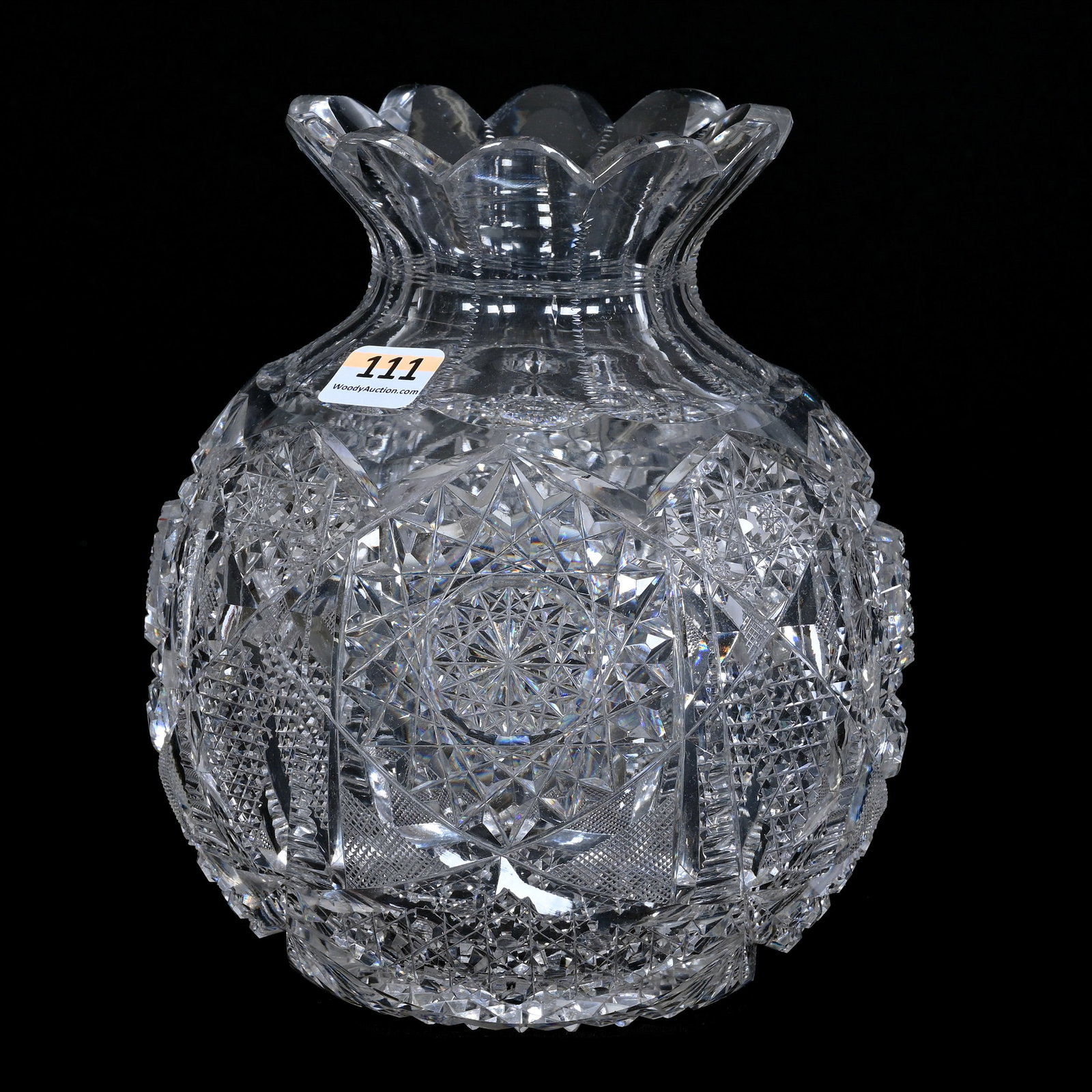 Bulbous Vase, ABCG, Hobstar, Cane, Strawberry Diamond, Nailhead Diamond, Zipper & Fan: Bulbous Vase, American Brilliant Cut Glass, Hobstar, Cane, Strawberry Diamond, Nailhead Diamond, Zipper & Fan, 6.75" x 6", Hobstar Base, Quality Blank, Collection Of Sherry & The Late Elton Linville, 