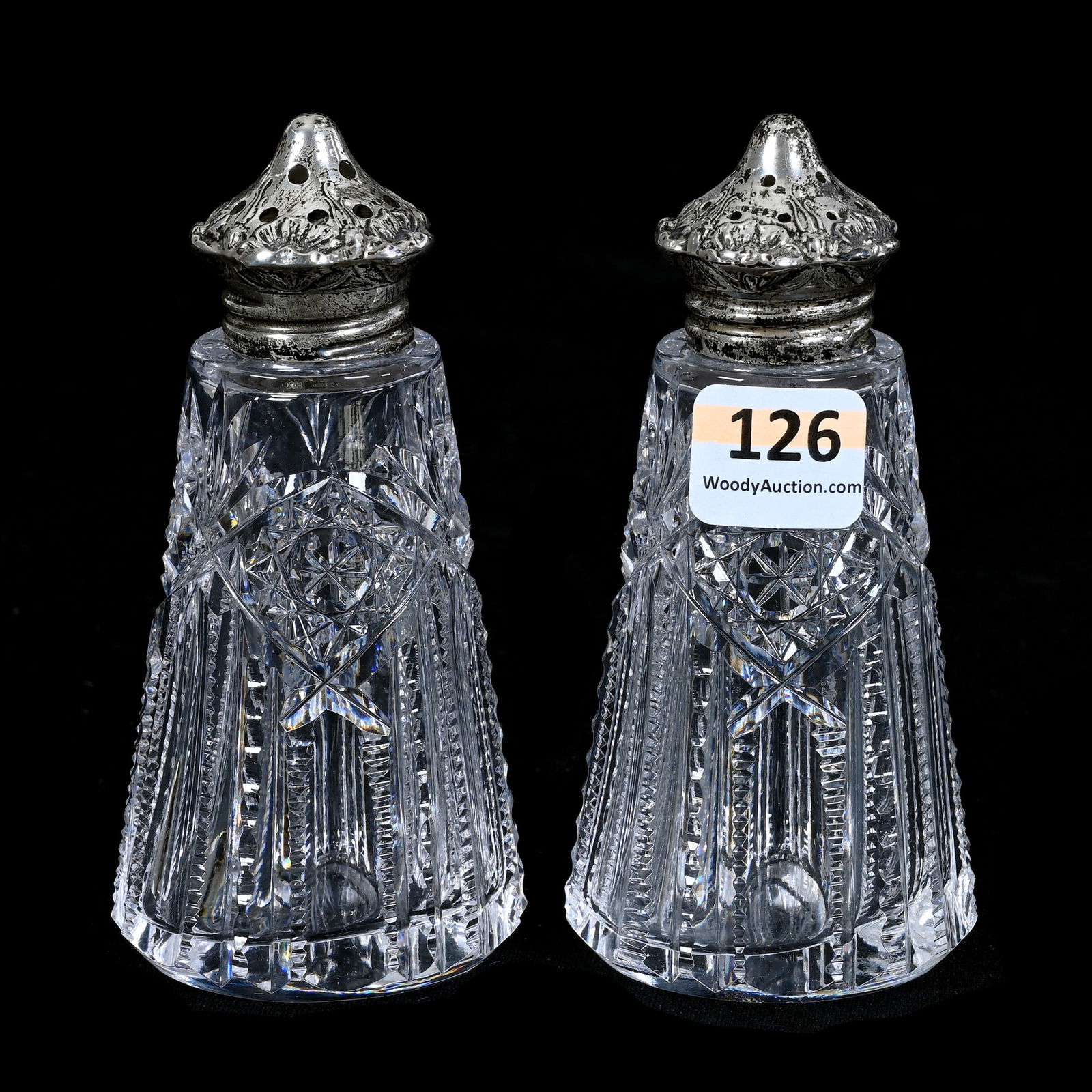 Pair Salt & Pepper Shakers, ABCG, Signed J. Hoare Hindoo Pattern, Sterling Silver Tops (1 of 4)