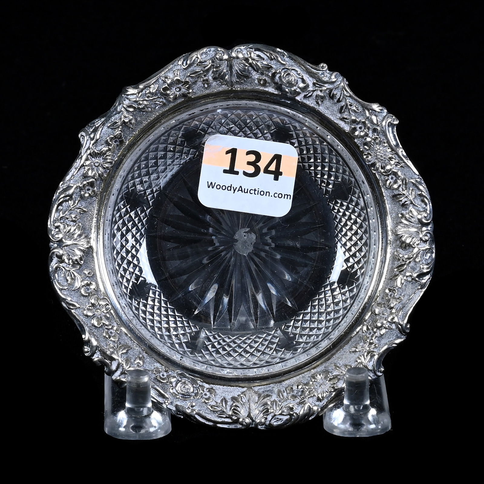 Butter Pat, Sterling Rim, ABCG, Ray Cut Center, Diamond Cut & Miter Motif: Butter Pat, Sterling Rim, American Brilliant Cut Glass, Ray Cut Center, Diamond Cut & Miter Motif, 3.5", Sterling Silver Embossed Rim Marked Gorham #S1131, Collection Of Sherry & The Late Elton Linvil