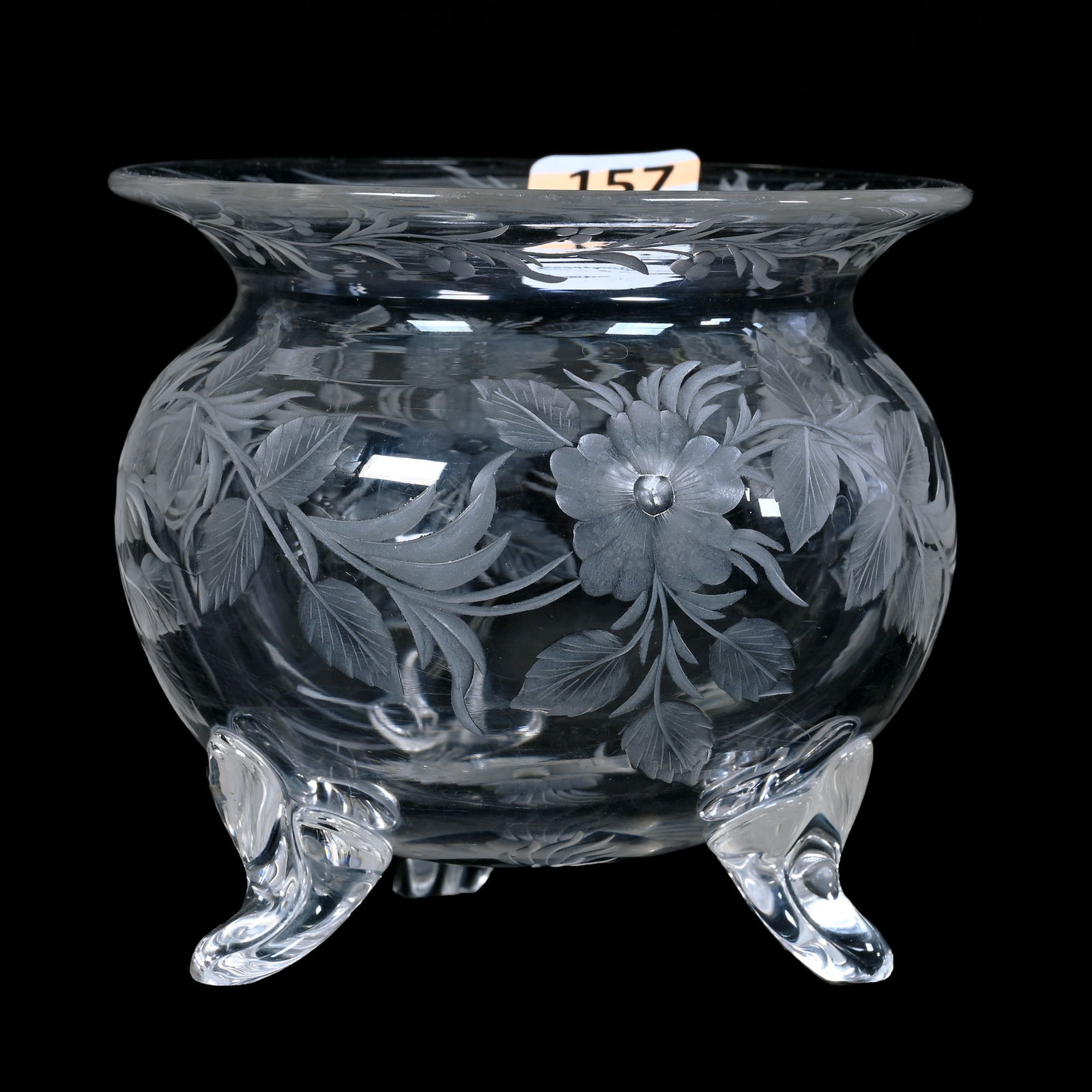 Footed Vase, "Kettle" Shape, ABCG, Signed Hawkes, Nicely Engraved Floral Decor (1 of 2)