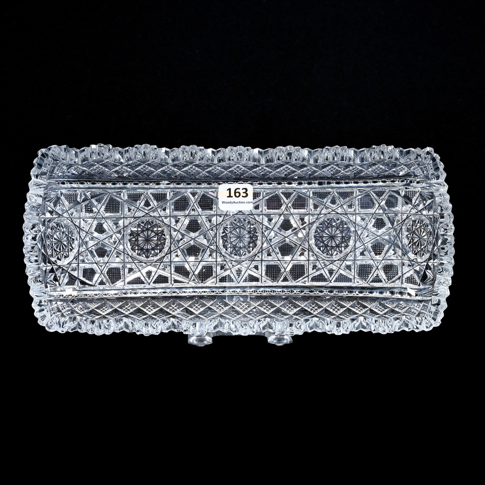 Rectangular Tray, ABCG, Hobstar, Strawberry Diamond Center: Rectangular Tray, American Brilliant Cut Glass, Hobstar, Strawberry Diamond Center, 10.75" x 4.75", Crosscut Diamond And Prism Border, One Corner Tooth Chip, Ray & Ruth Schnake, FL.