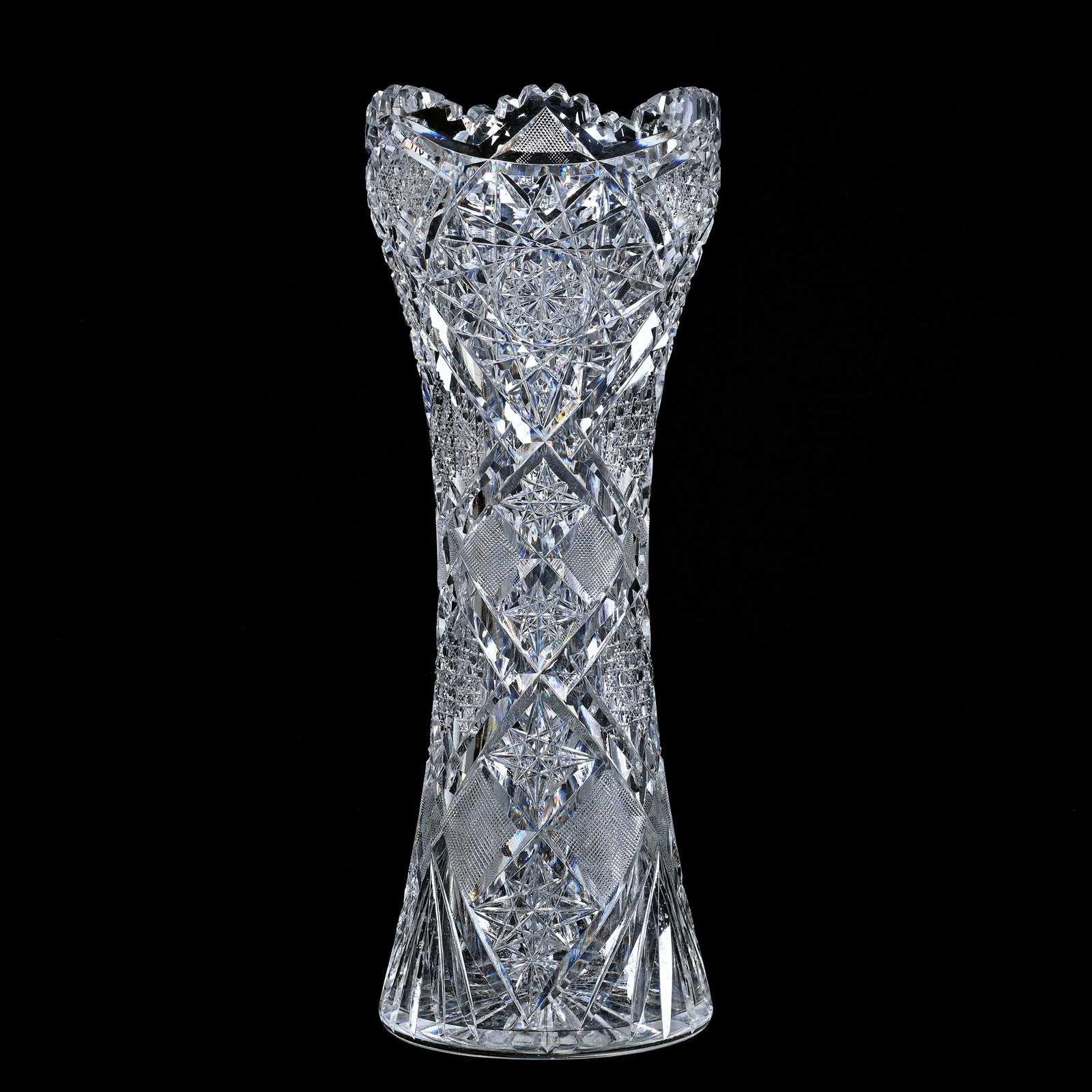 Vase, ABCG, Hobstar, Cane, Strawberry Diamond, Bar And Fan Motif: Vase, American Brilliant Cut Glass, Hobstar, Cane, Strawberry Diamond, Bar And Fan Motif, 16" x 6", Total Weight Of Over 7.5 Pounds, Ray & Ruth Schnake, FL.