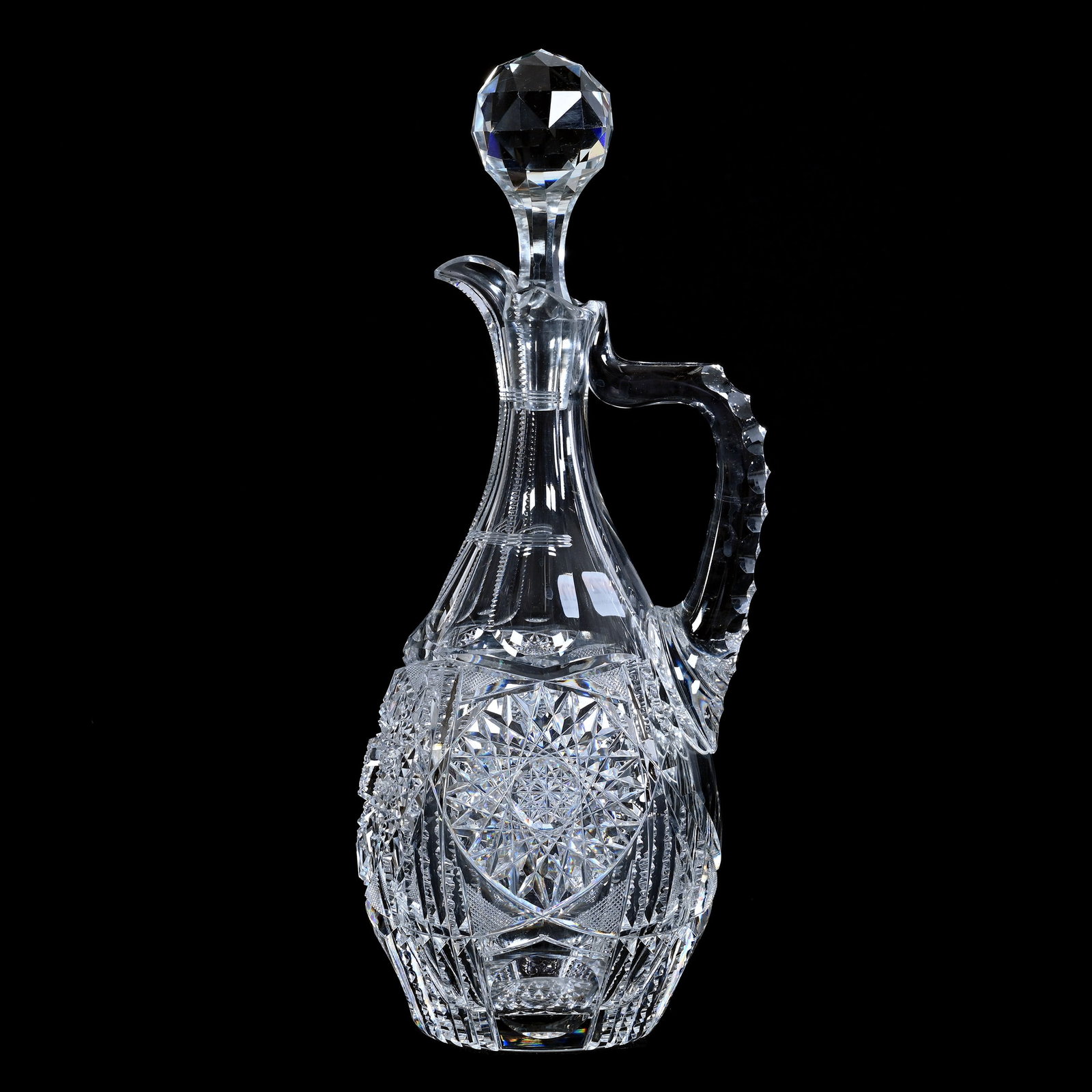 Decanter, ABCG, Hobstar, Prism, Bullseye & Strawberry Diamond Motif: Decanter, American Brilliant Cut Glass, Hobstar, Prism, Bullseye & Strawberry Diamond Motif, 13" x 5", Triple Notched Handle, Hobstar Base, Quality Blank, Ray & Ruth Schnake, FL.