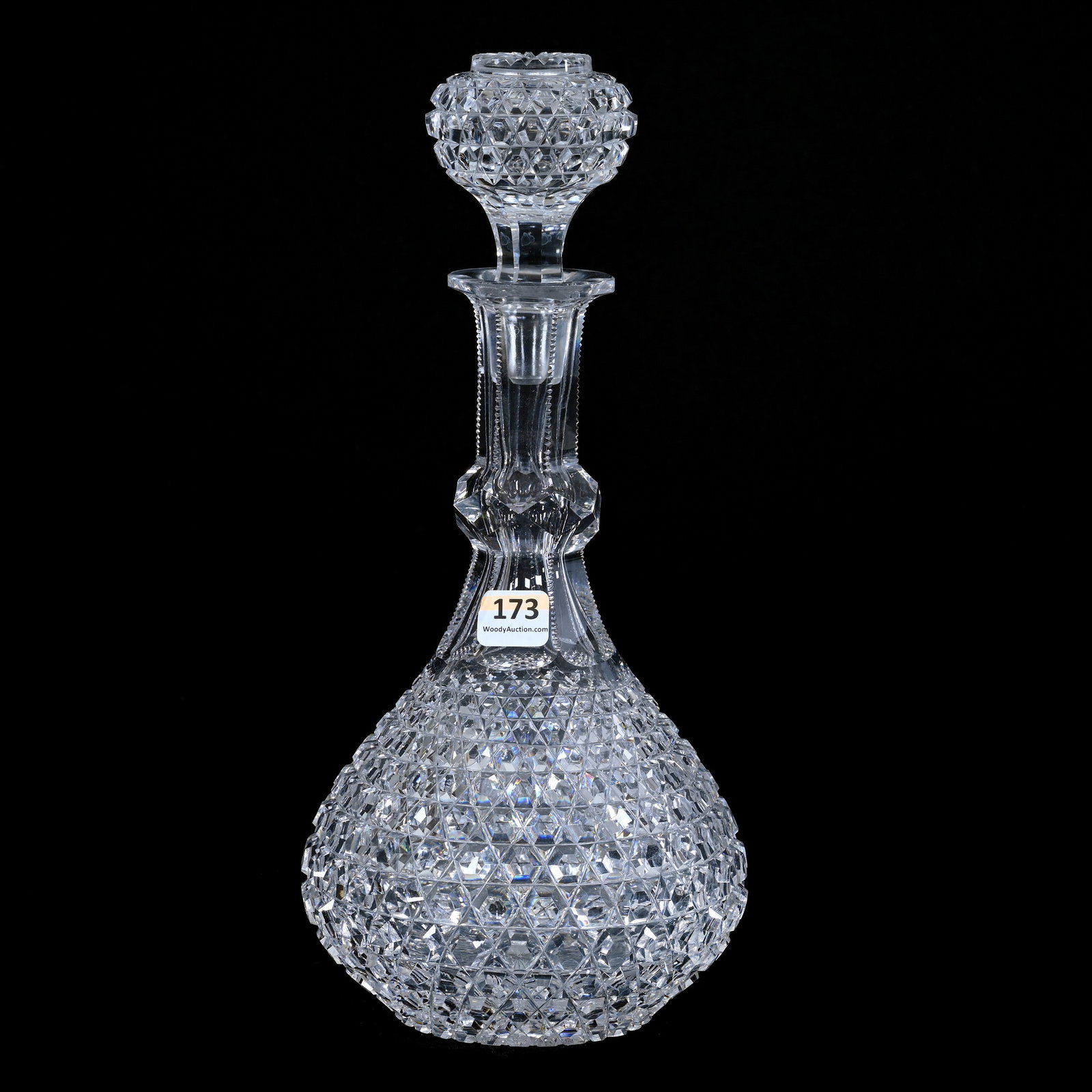 Decanter, ABCG, Hob Button Pattern With Facet Cut Ring Neck: Decanter, American Brilliant Cut Glass, Hob Button Pattern With Facet Cut Ring Neck, 11.75" x 5.5", Pattern Cut Stopper, Ray & Ruth Schnake, FL.