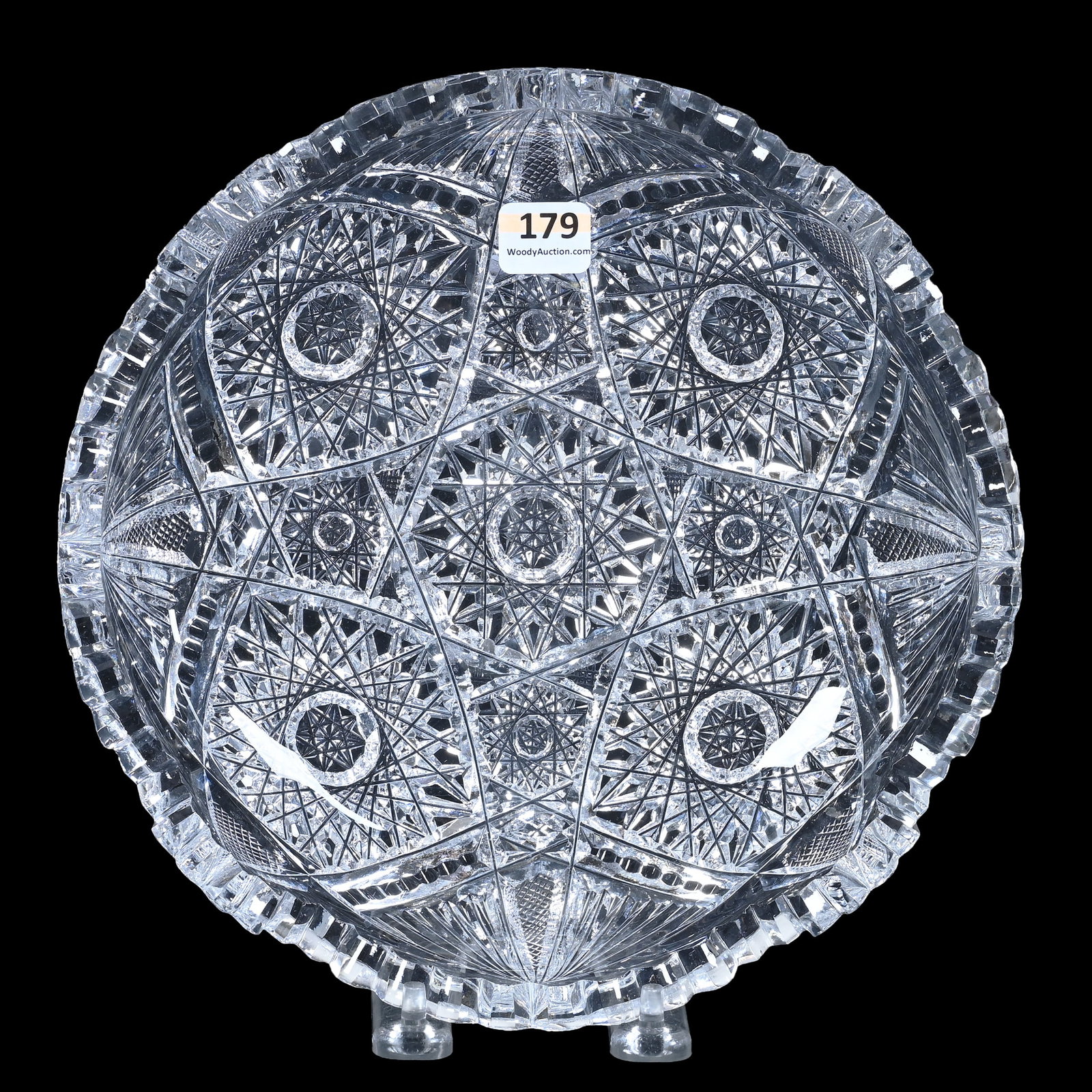 Low Bowl, ABCG, Four Sections Of Hobstar, Zipper, Strawberry Diamond & Fan: Low Bowl, American Brilliant Cut Glass, Four Sections Of Hobstar, Zipper, Strawberry Diamond & Fan, 9", Tooth Chips, Ray & Ruth Schnake, FL.