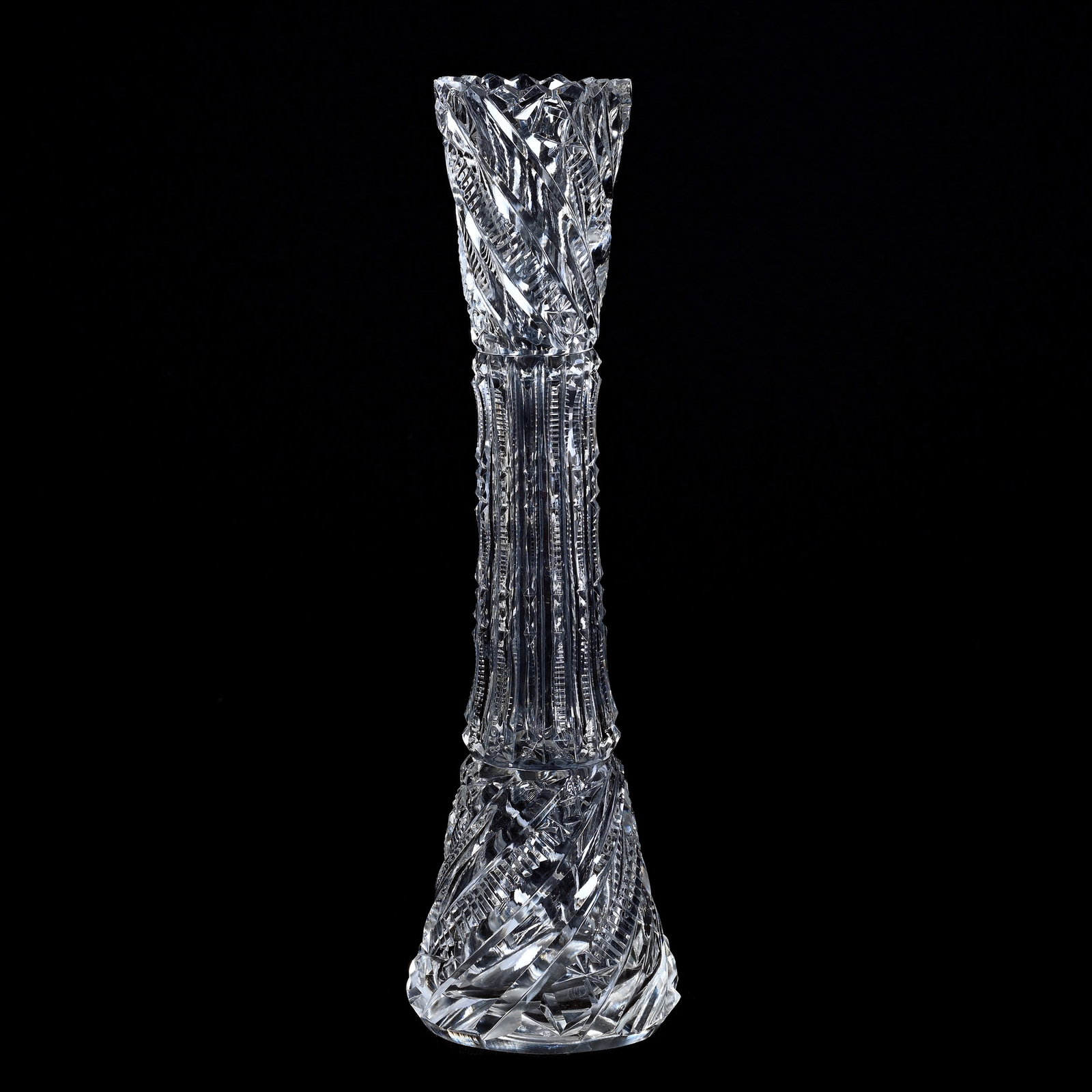 Vase, BPCG, Prism, Zipper And Swirl Motif: Vase, Brilliant Period Cut Glass, Prism, Zipper And Swirl Motif, 10.75" x 3", Ray & Ruth Schnake, FL.