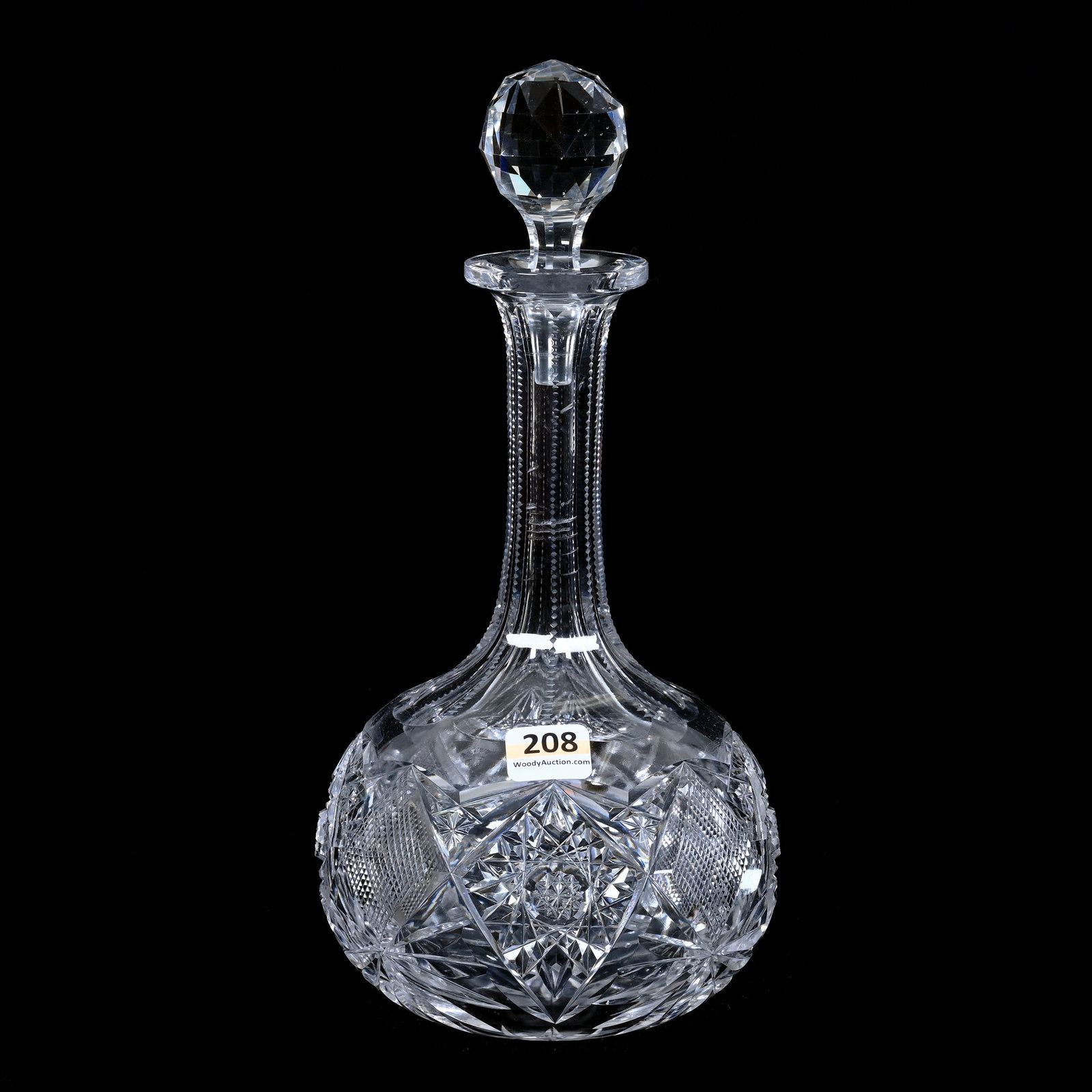 Decanter, ABCG, Hobstar, Strawberry Diamond & Fan Motif: Decanter, American Brilliant Cut Glass, Hobstar, Strawberry Diamond & Fan Motif, 10.25" x 5", Ray Cut Base, Ray & Ruth Schnake, FL.