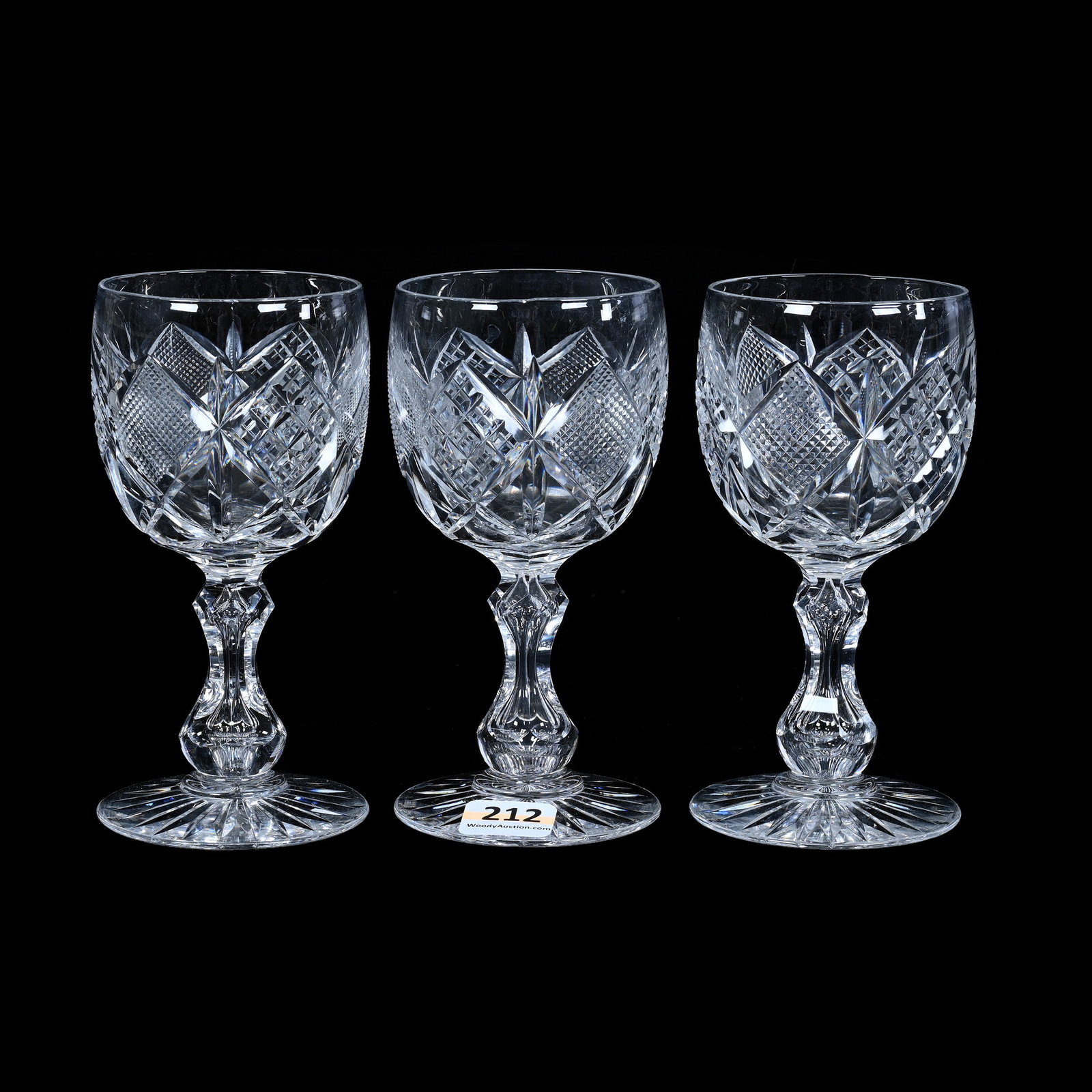 (3) Wine Stems, ABCG, Strawberry Diamond, Crosscut Diamond & Miter Motif: (3) Wine Stems, American Brilliant Cut Glass, Strawberry Diamond, Crosscut Diamond & Miter Motif, 5.25" x 2.5", Apple Core Stem, Ray Cut Foot, Ray & Ruth Schnake, FL.