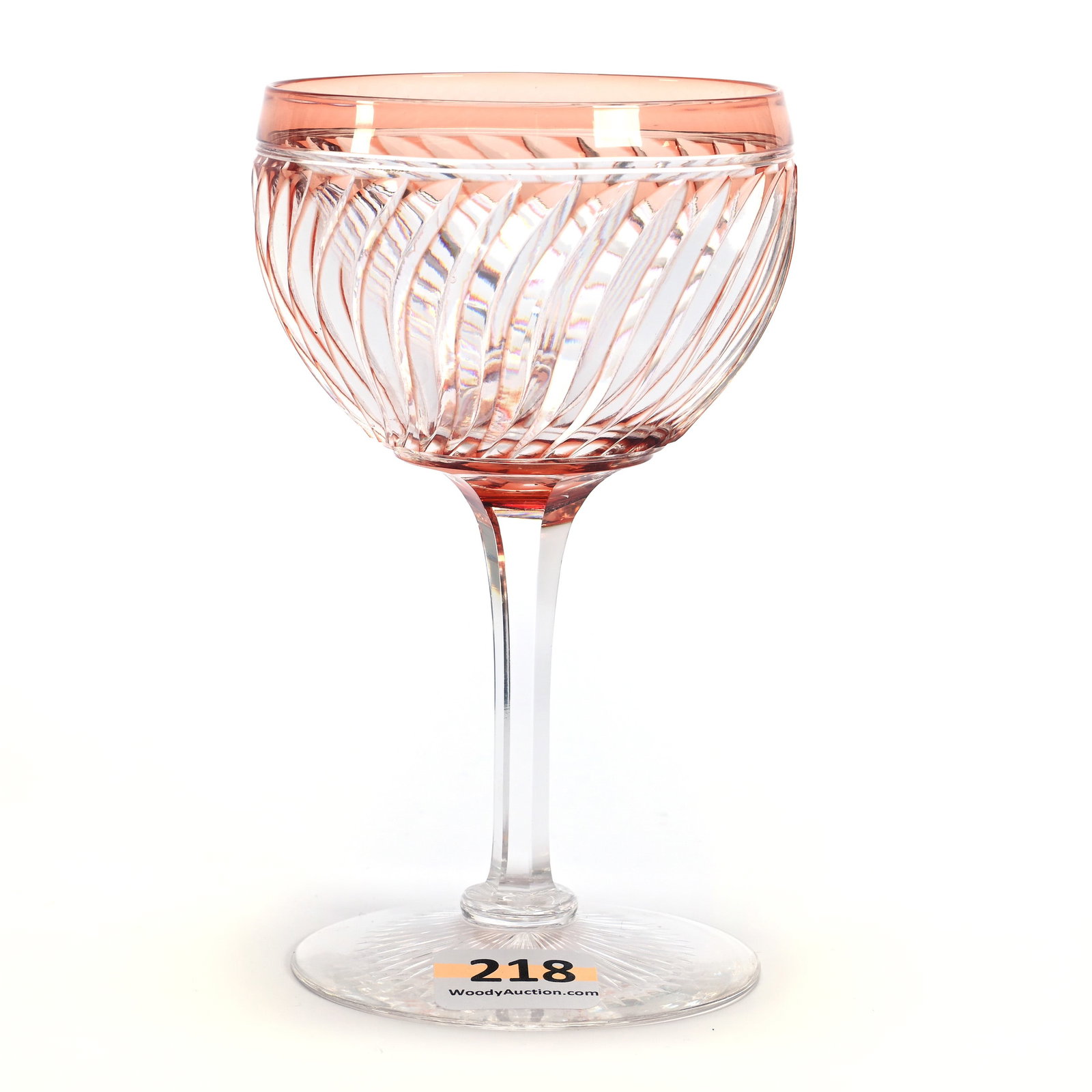 Wine Stem, BPCG, Apricot Cut To Clear, Spiral Miter Design: Wine Stem, Brilliant Period Cut Glass, Apricot Cut To Clear, Spiral Miter Design, 4.75" x 3", Ray Cut Foot, Ray & Ruth Schnake, FL.