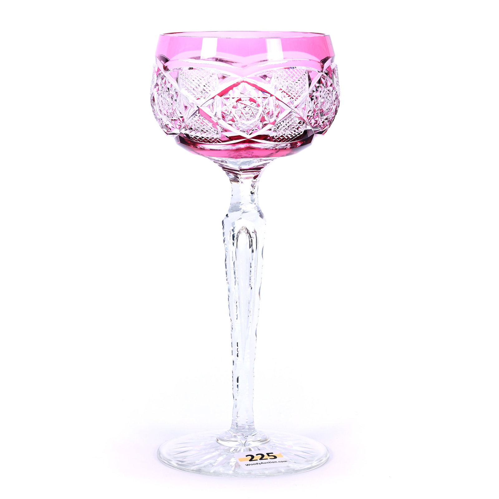 Wine Stem, BPCG, Cranberry Cut To Clear, Saarbrucken Pattern By Val St. Lambert: Wine Stem, Brilliant Period Cut Glass, Cranberry Cut To Clear, Saarbrucken Pattern By Val St. Lambert, 7.75" x 3.25", Ray Cut Foot, Ray & Ruth Schnake, FL.