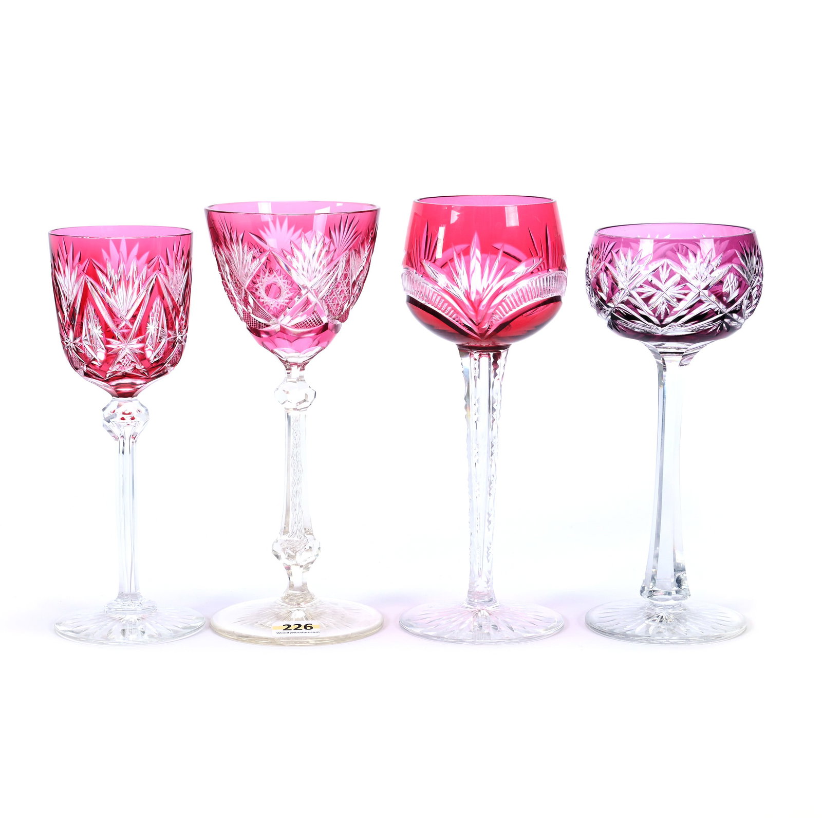 (4) Wine Stems, BPCG, Color Cut To Clear, Various Patterns & Sizes: (4) Wine Stems, Brilliant Period Cut Glass, Color Cut To Clear, Various Patterns & Sizes, Three Attributed To Val St. Lambert, One Is Of Later Period, Ray & Ruth Schnake, FL.