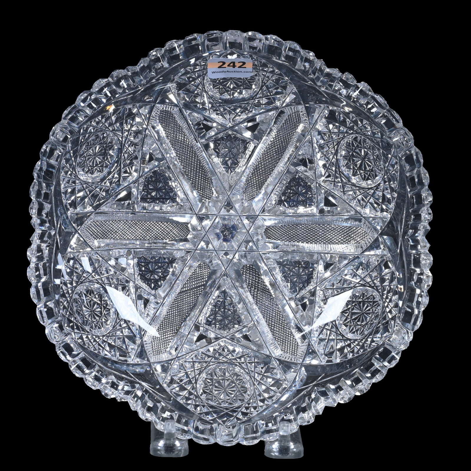 Low Bowl, ABCG, Signed J. Hoare, Hobstar And File Motif: Low Bowl, American Brilliant Cut Glass, Signed J. Hoare, Hobstar And File Motif, 8", Minor Tooth Chip, Ray & Ruth Schnake, FL.