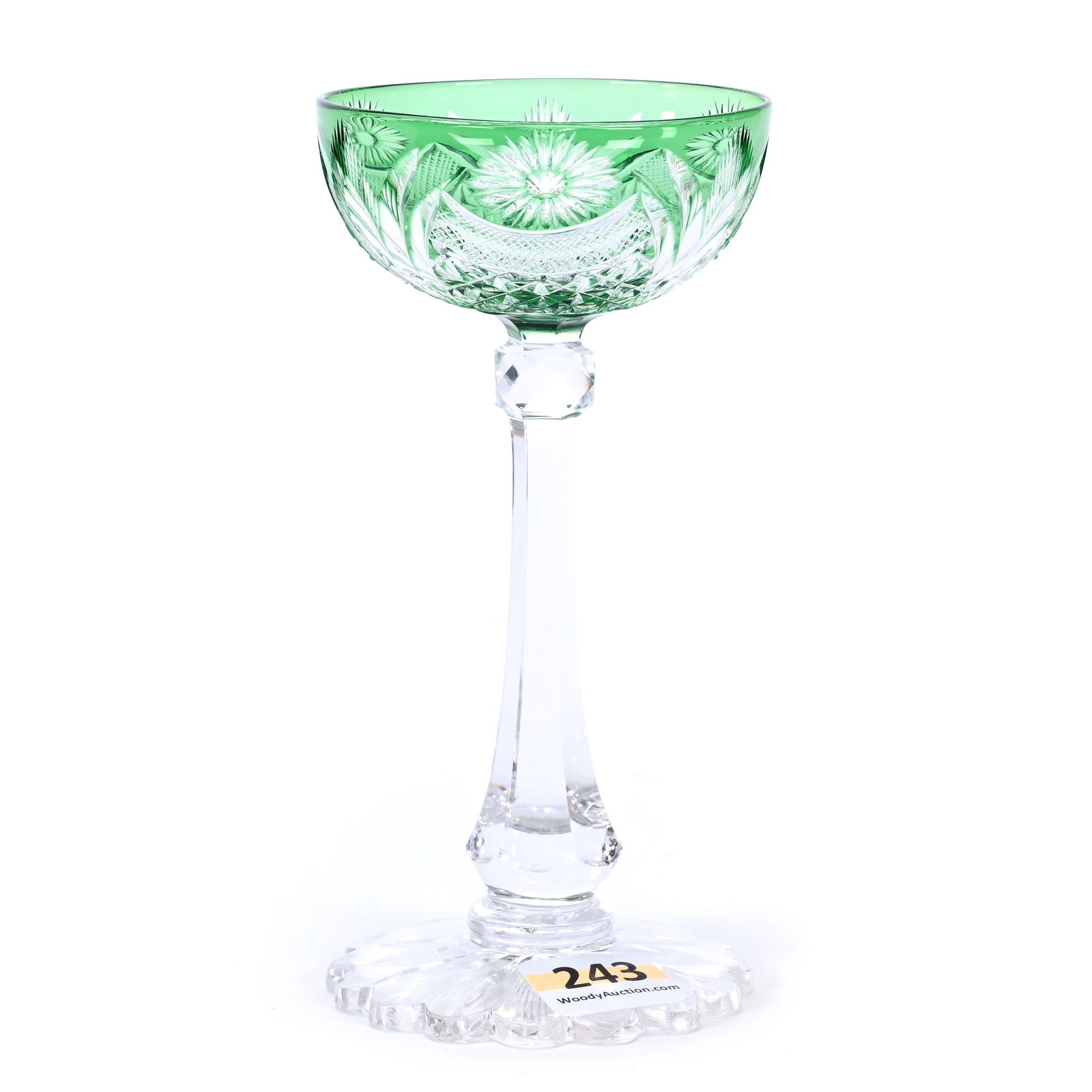 Wine Stem, BPCG, Green Cut To Clear, Diamond File & Flower Pattern: Wine Stem, Brilliant Period Cut Glass, Green Cut To Clear, Diamond File & Flower Pattern, 5.5" x 2.75", Attributed To Val St. Lambert, Brooklyn Star Scalloped Foot, Ray & Ruth Schnake, FL.