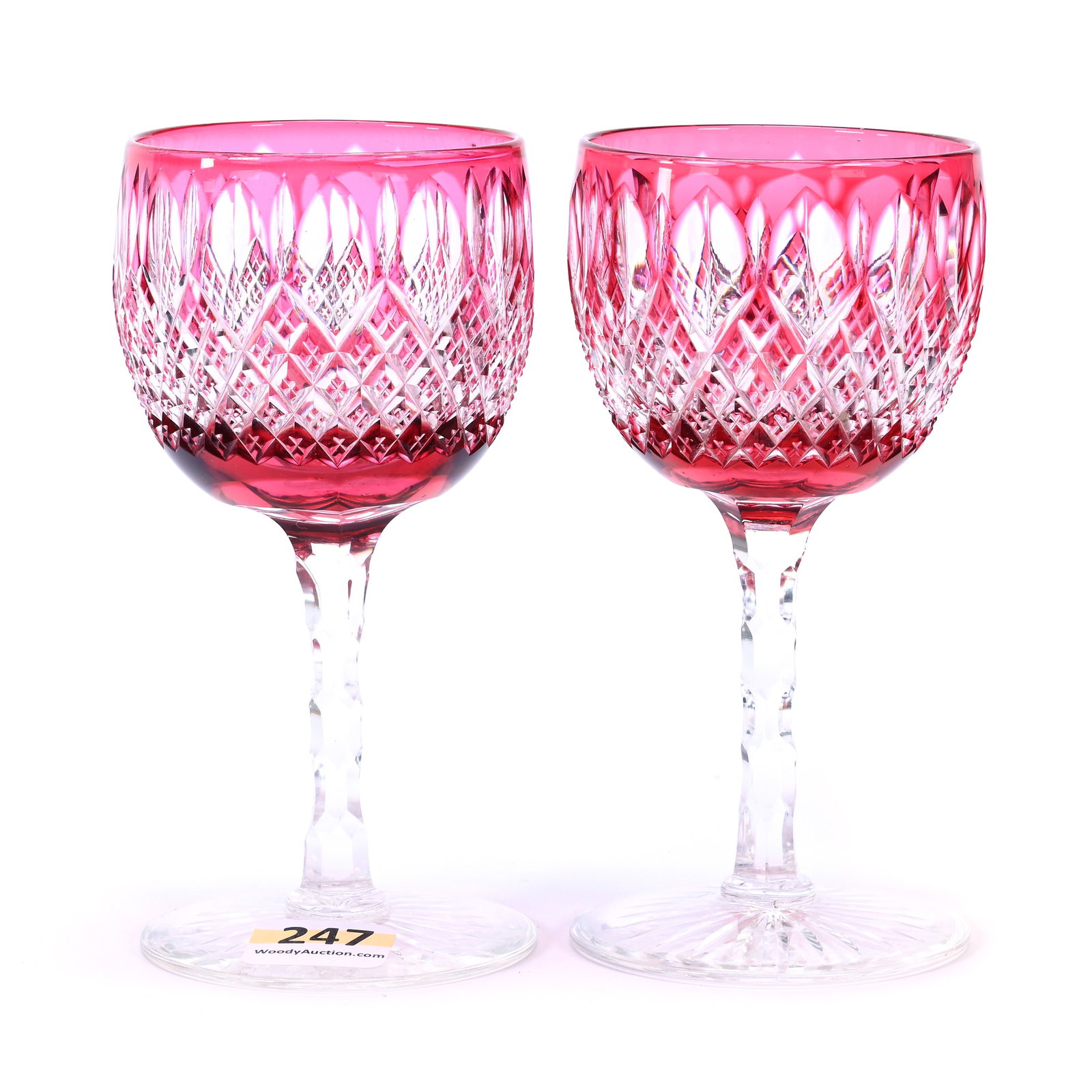 Pair Wine Stems, BPCG, Cranberry Cut To Clear: Pair Wine Stems, Brilliant Period Cut Glass, Cranberry Cut To Clear, 5" x 2.5", Crosscut Diamond And Miter Motif, Ray Cut Foot, Ray & Ruth Schnake, FL.