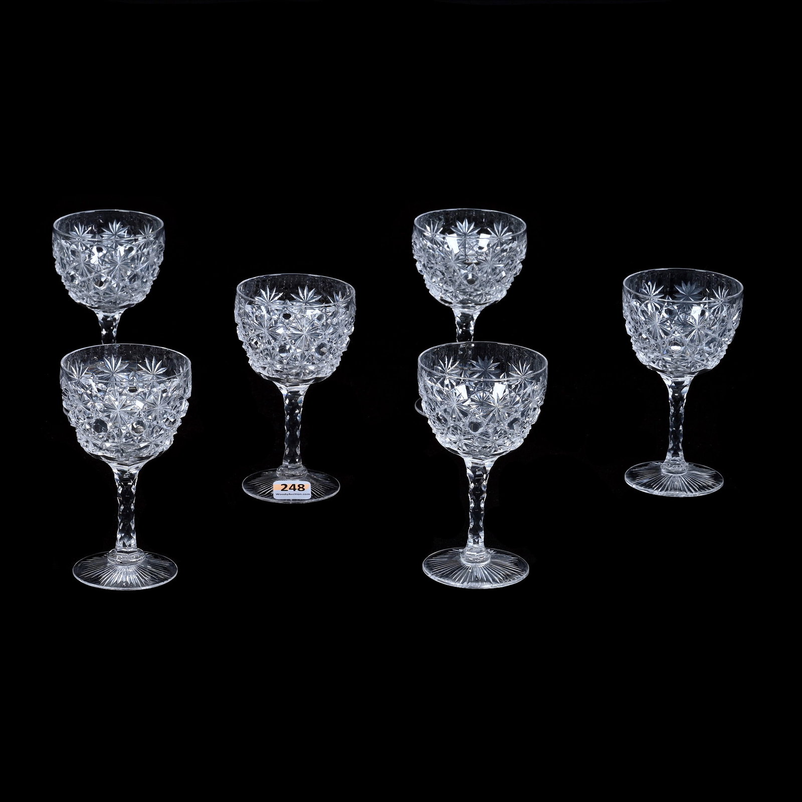(6) Wine Stems, ABCG, Russian Pattern, Clear Cut Buttons, Diamond Cut Stem: (6) Wine Stems, American Brilliant Cut Glass, Russian Pattern, Clear Cut Buttons, Diamond Cut Stem, 4.75" x 2.75", Ray Cut Foot, Ray & Ruth Schnake, FL.