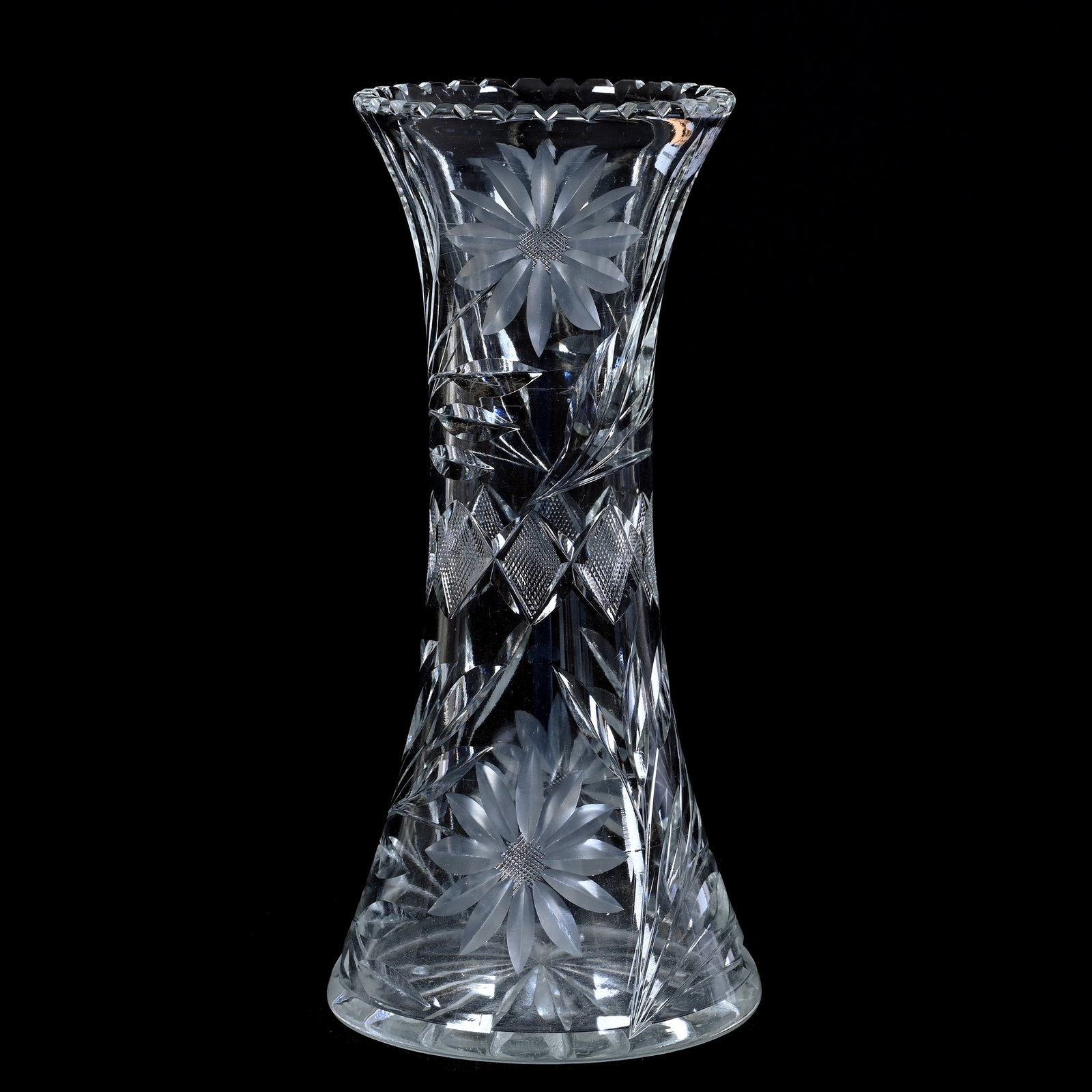 Vase, ABCG, Late Period Engraved Floral With Strawberry Diamond Highlights: Vase, American Brilliant Cut Glass, Late Period Engraved Floral With Strawberry Diamond Highlights, 10" x 4.75", Ray Cut Base, Ray & Ruth Schnake, FL.