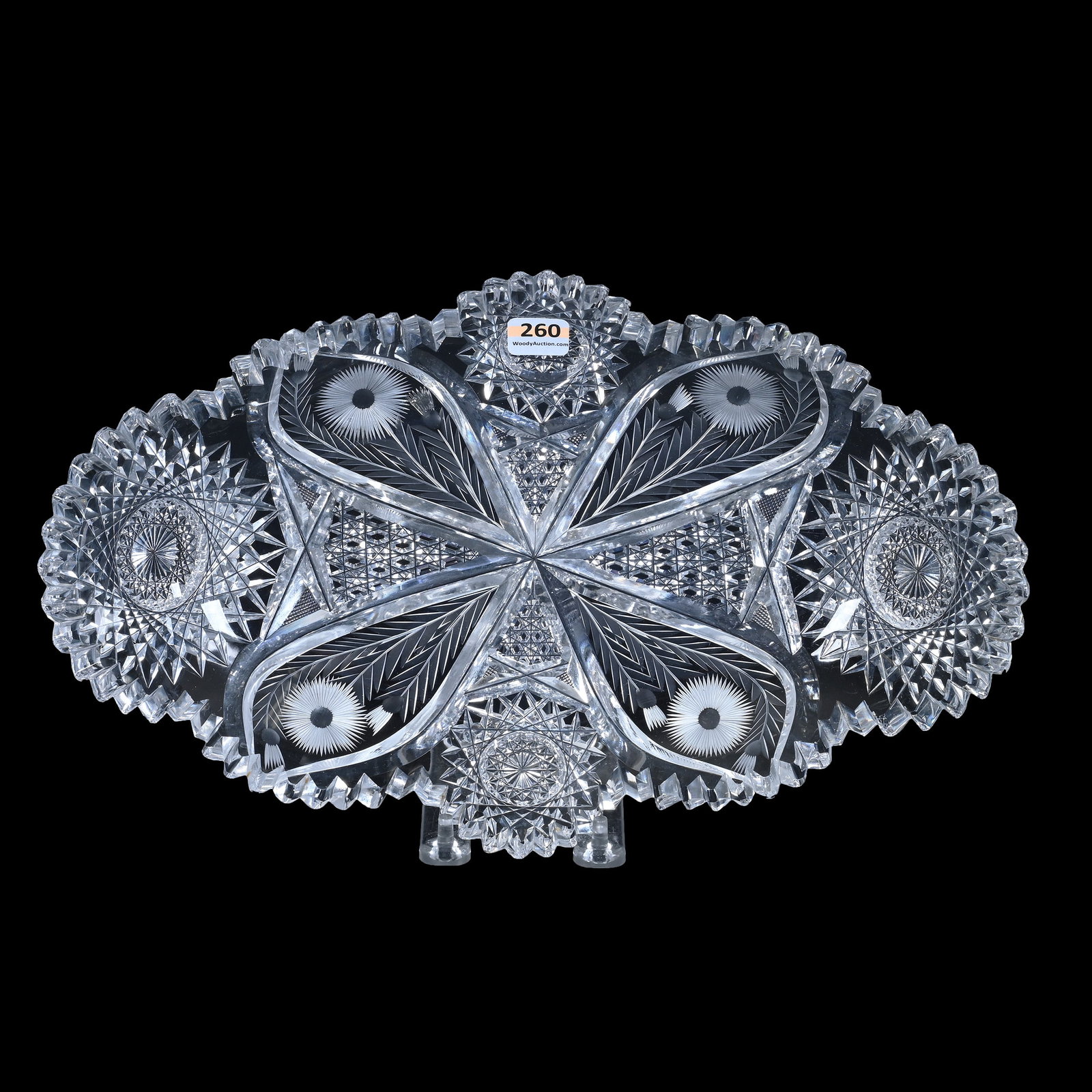 Ice Cream Tray, ABCG, Hobstar, Vesica, Engraved Floral, Nailhead Diamond & Strawberry Diamond: Ice Cream Tray, American Brilliant Cut Glass, Hobstar, Vesica, Engraved Floral, Nailhead Diamond & Strawberry Diamond, 13.75" x 8.5", Interior Rim Chip And Tooth Chip, Ray & Ruth Schnake, FL.