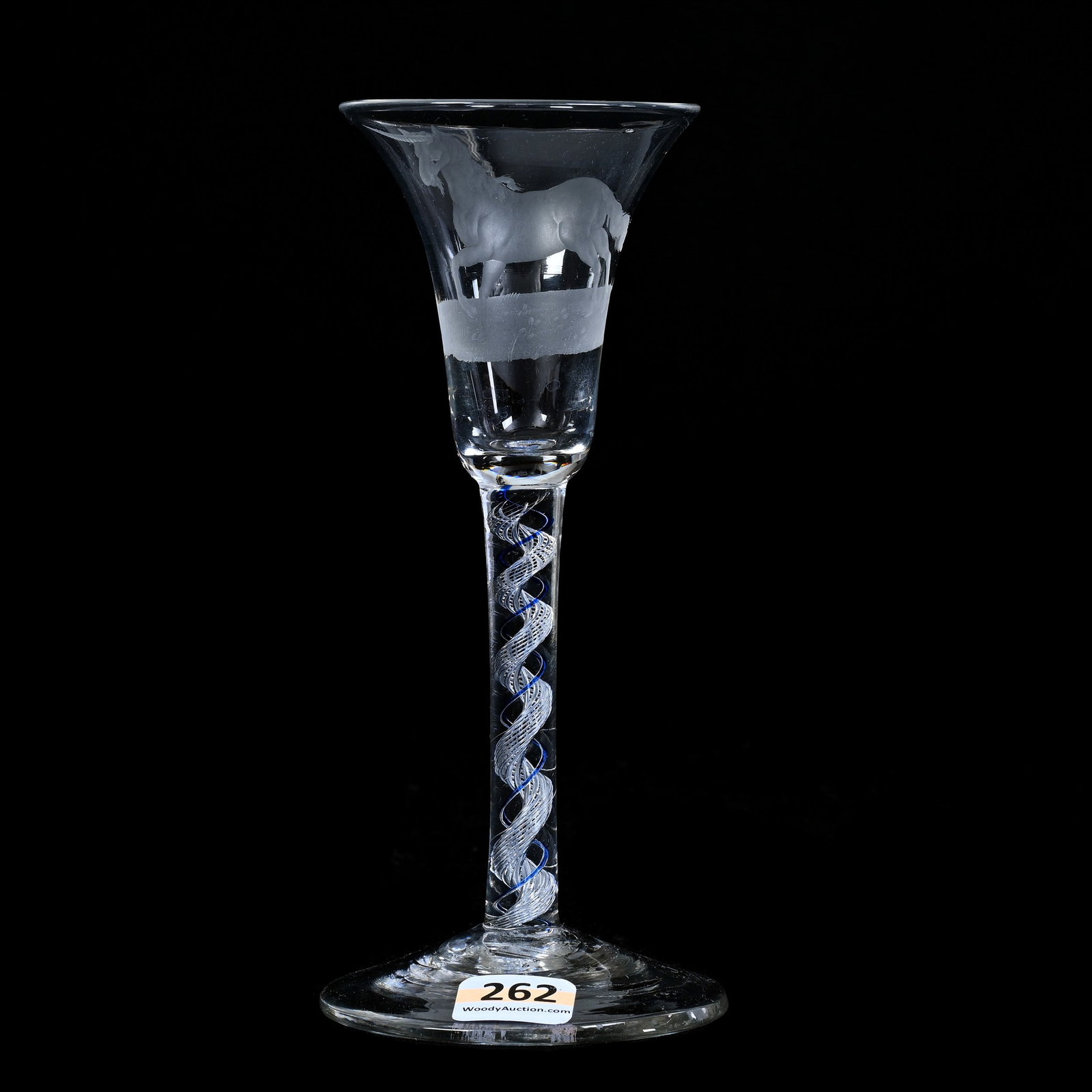Wine Stem, European Engraved With Unicorn Design, Air Twist Stem With Blue Ribbon Highlights: Wine Stem, European Engraved With Unicorn Design, Air Twist Stem With Blue Ribbon Highlights, 6.75" x 3", Unknown Maker, Ray & Ruth Schnake, FL.