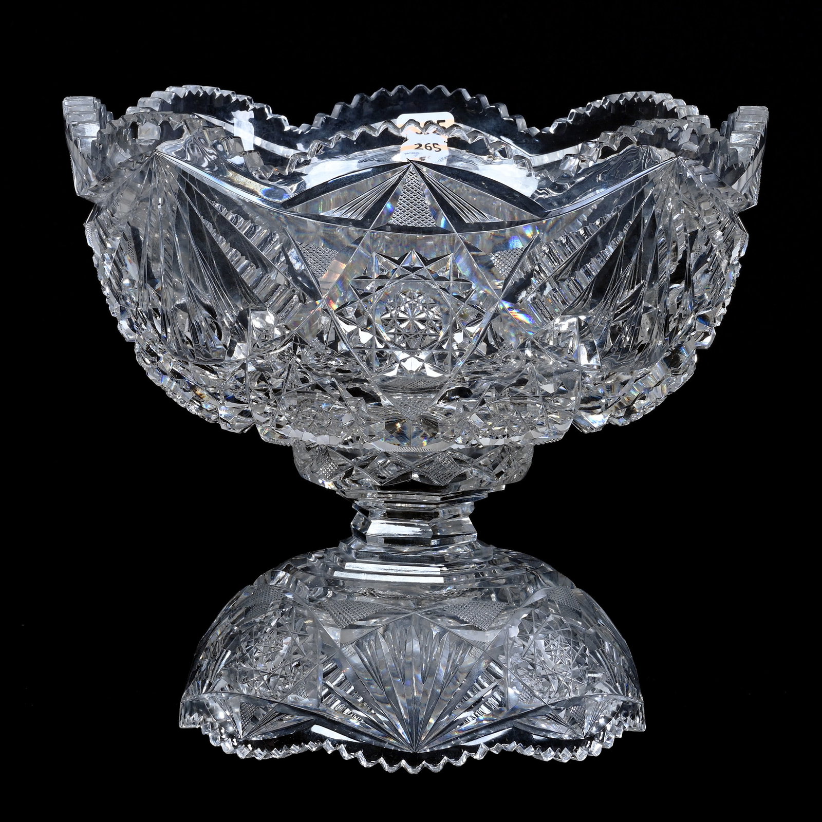 Egg Nog Bowl, Two Part, Laurel Cut Glass, Beryl Pattern, ABCG: Egg Nog Bowl, Two Part, Laurel Cut Glass, Beryl Pattern, American Brilliant Cut Glass, Hobstar, Prism, Fan, Strawberry Diamond Motif, 9.25" x 10", Pattern Chip, Two Tooth Chips, Ray & Ruth Schnake, FL