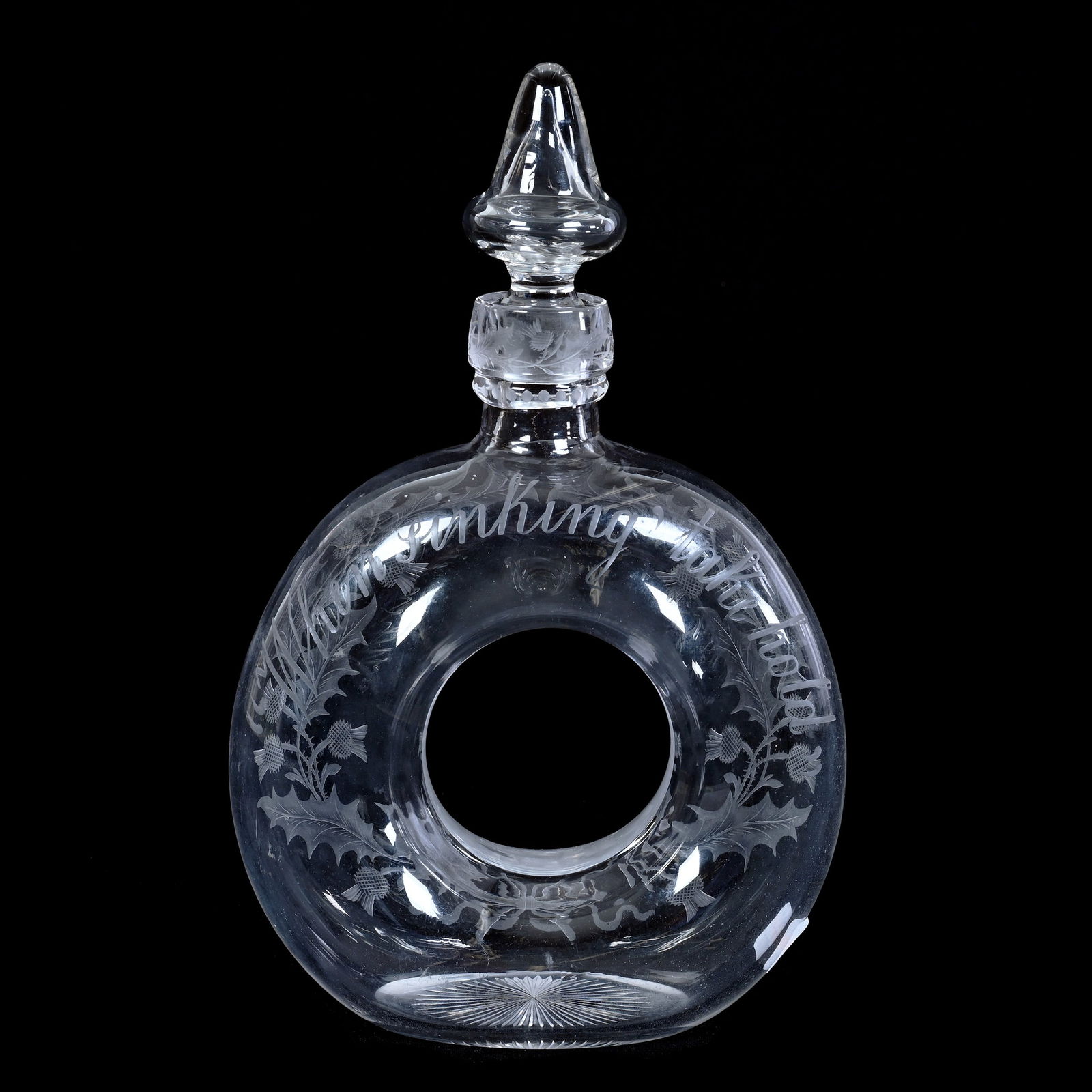 Donut Decanter, ABCG, Thistle Design By Pairpoint With Inscription Of "When Sinking, Take Hold" (1 of 3)