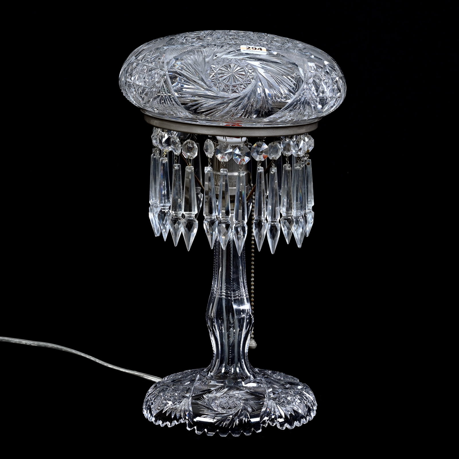 Boudoir Lamp, ABCG, Hobstar, Pinwheel, Strawberry Diamond & Star: Boudoir Lamp, American Brilliant Cut Glass, Hobstar, Pinwheel, Strawberry Diamond & Star, 13.5" x 8", Electrified, Single Light, Rim Chip On Shade, Dr. Kevin Richardson Collection, CA.