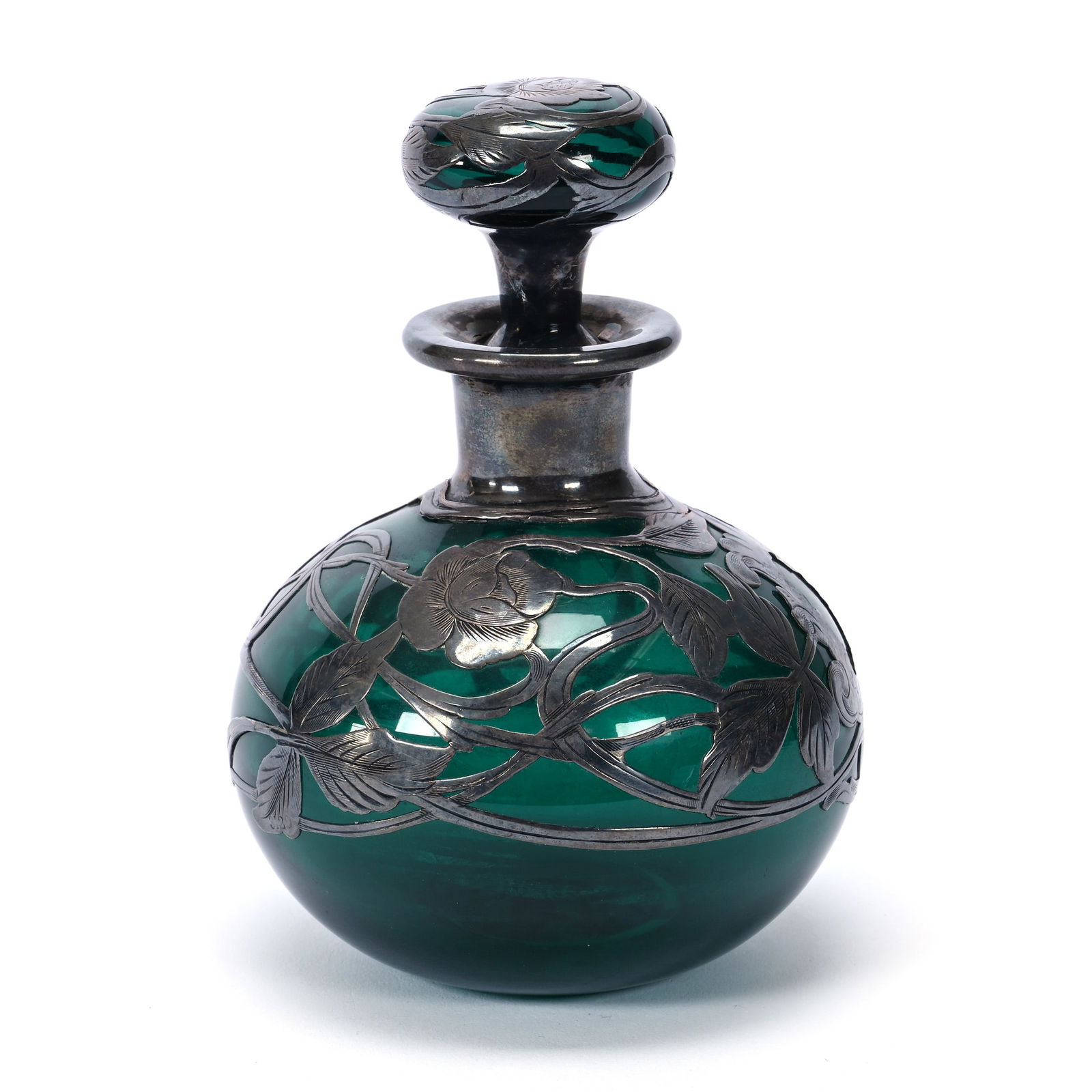 Cologne Bottle, Solid Emerald Green With Elaborate Sterling Silver Floral Overlay (1 of 3)