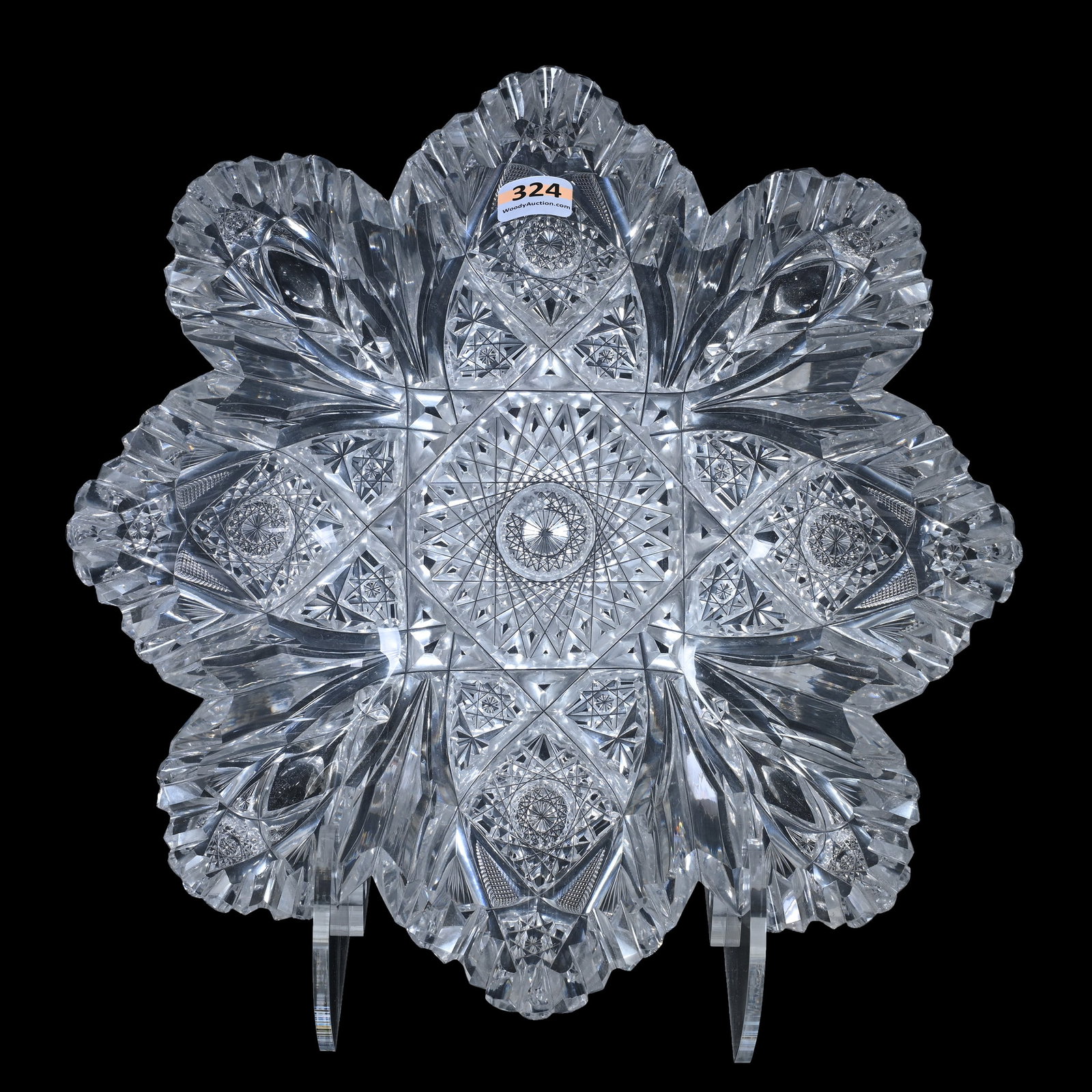 Blown Mold Bowl, ABCG, Signed Hawkes - Extra Thick Blank!: Blown Mold Bowl, American Brilliant Cut Glass, Signed Hawkes - Extra Thick Blank!, 10.5", Hobstar, Strawberry Diamond, Miter, Bullseye & Fan Motif - Small Sliver Chip On One Tooth, Jack And Francis Wa