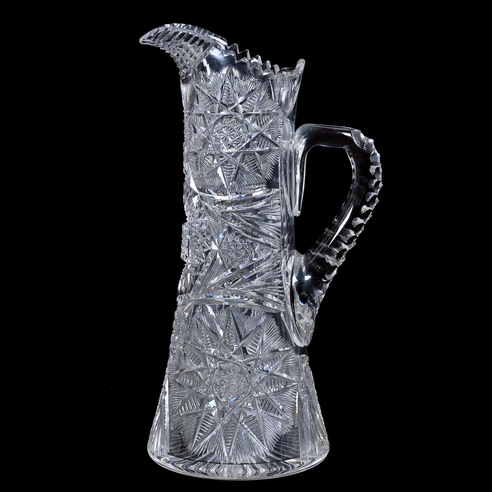 Tankard, ABCG, Features Quality Flashed Hobstars With Hobstar, Cane, Prism & Fan Highlights: Tankard, American Brilliant Cut Glass, Features Quality Flashed Hobstars With Hobstar, Cane, Prism & Fan Highlights, 14" x 7.75", Ray Base, Triple Notched Handle, Step Cut Spout, Rim Nicks, Jack And F