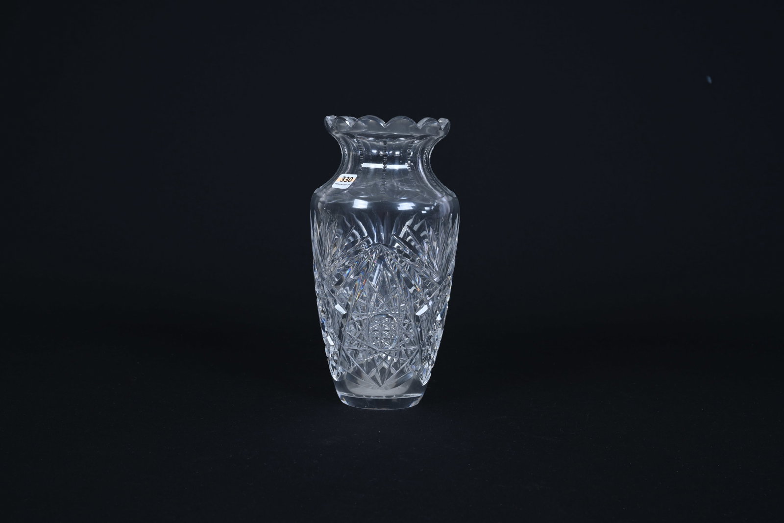 Vase, ABCG, Hobstar, Strawberry Diamond, Star & Fan Motif - Heavy Blank: Vase, American Brilliant Cut Glass, Hobstar, Strawberry Diamond, Star & Fan Motif - Heavy Blank, 10.5" x 5.5", Ray Base, Jack And Francis Walker Collection, TX.